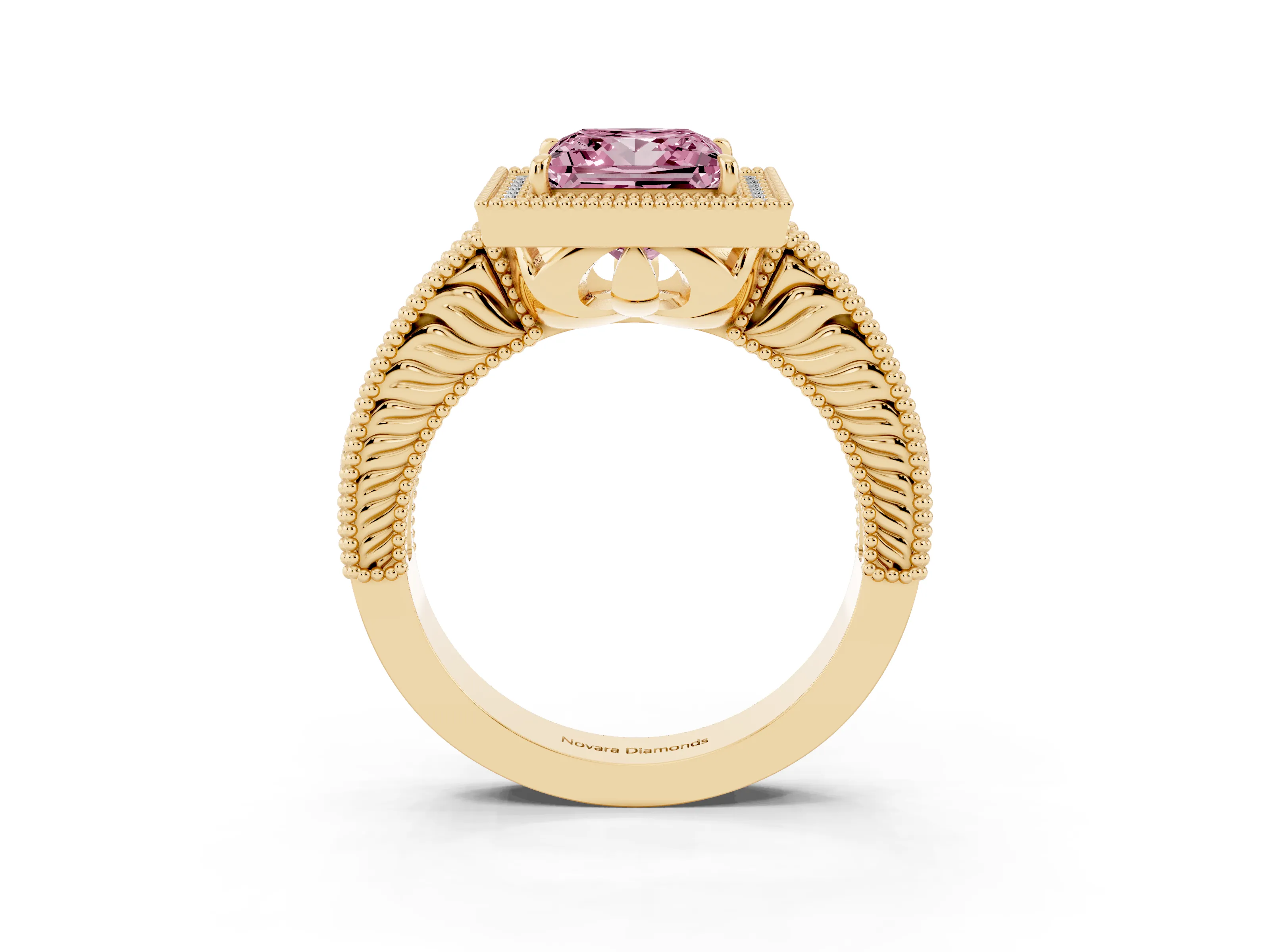 Fancy Pink Princess Cut Diamond Halo Ring Set in Yellow gold with Round Accent Halo, Pavé Band and Prong Setting