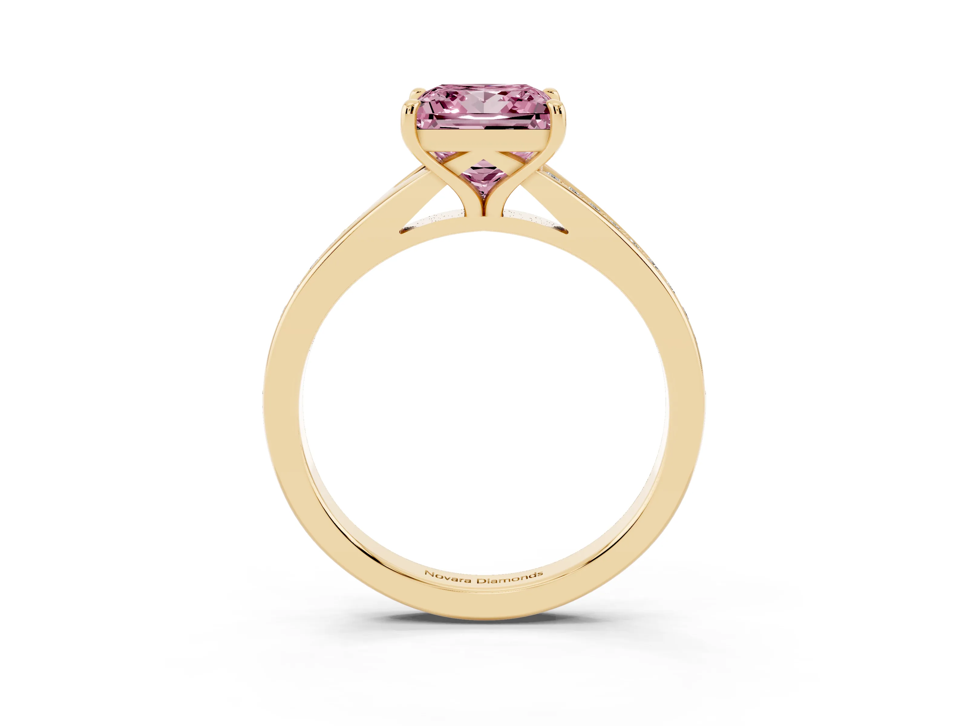 Fancy Pink Princess Cut Diamond Solitaire Ring Set in Yellow gold with Pavé Accent Band and Classic Prong Setting