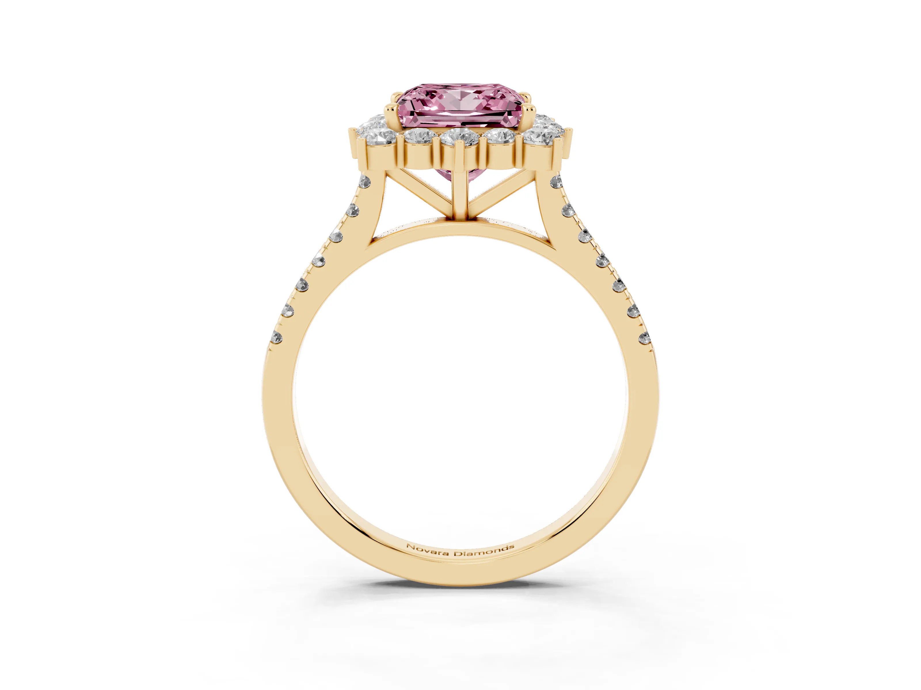 Fancy Pink Princess Cut Diamond Halo Ring Set in Yellow gold with Pavé Band and Prong Setting
