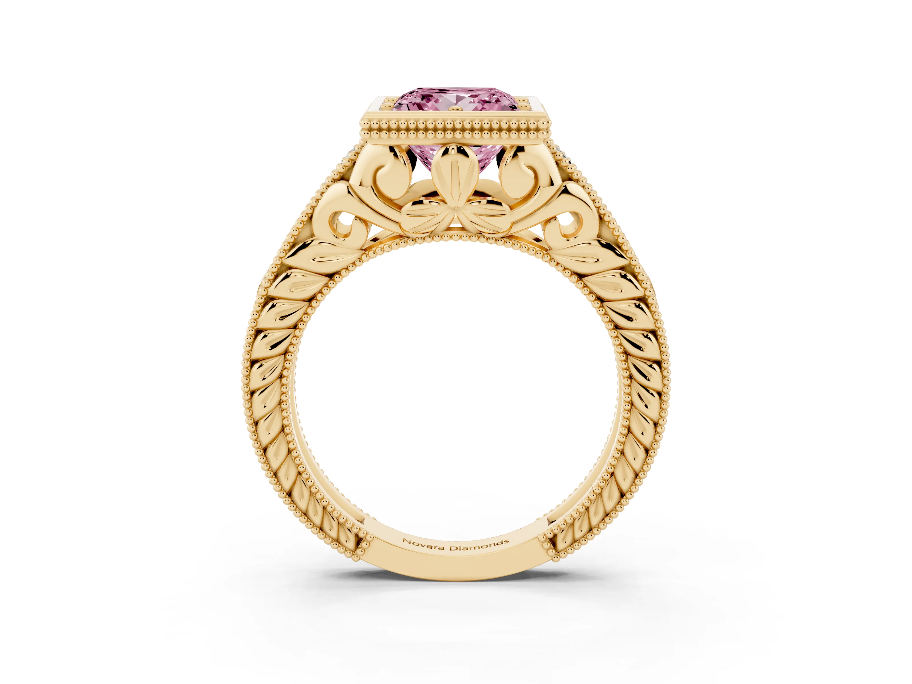 Fancy Pink Bezel Set Princess Cut Diamond Milgrain Pavé Engagement Ring Set in Yellow gold