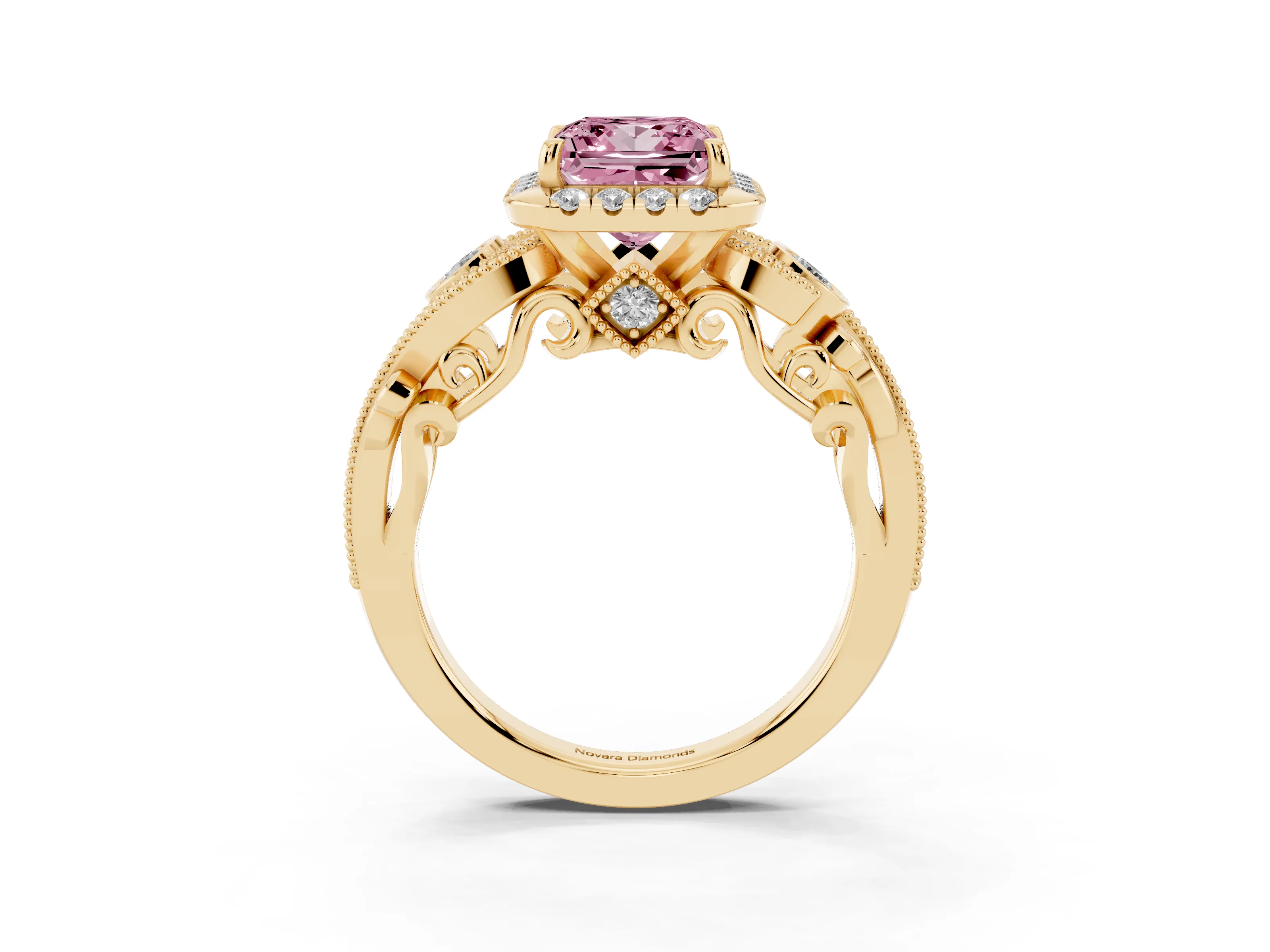 Fancy Pink Princess Cut Diamond Halo Ring Set in Yellow gold with Milgrain Pavé Band and Prong Setting