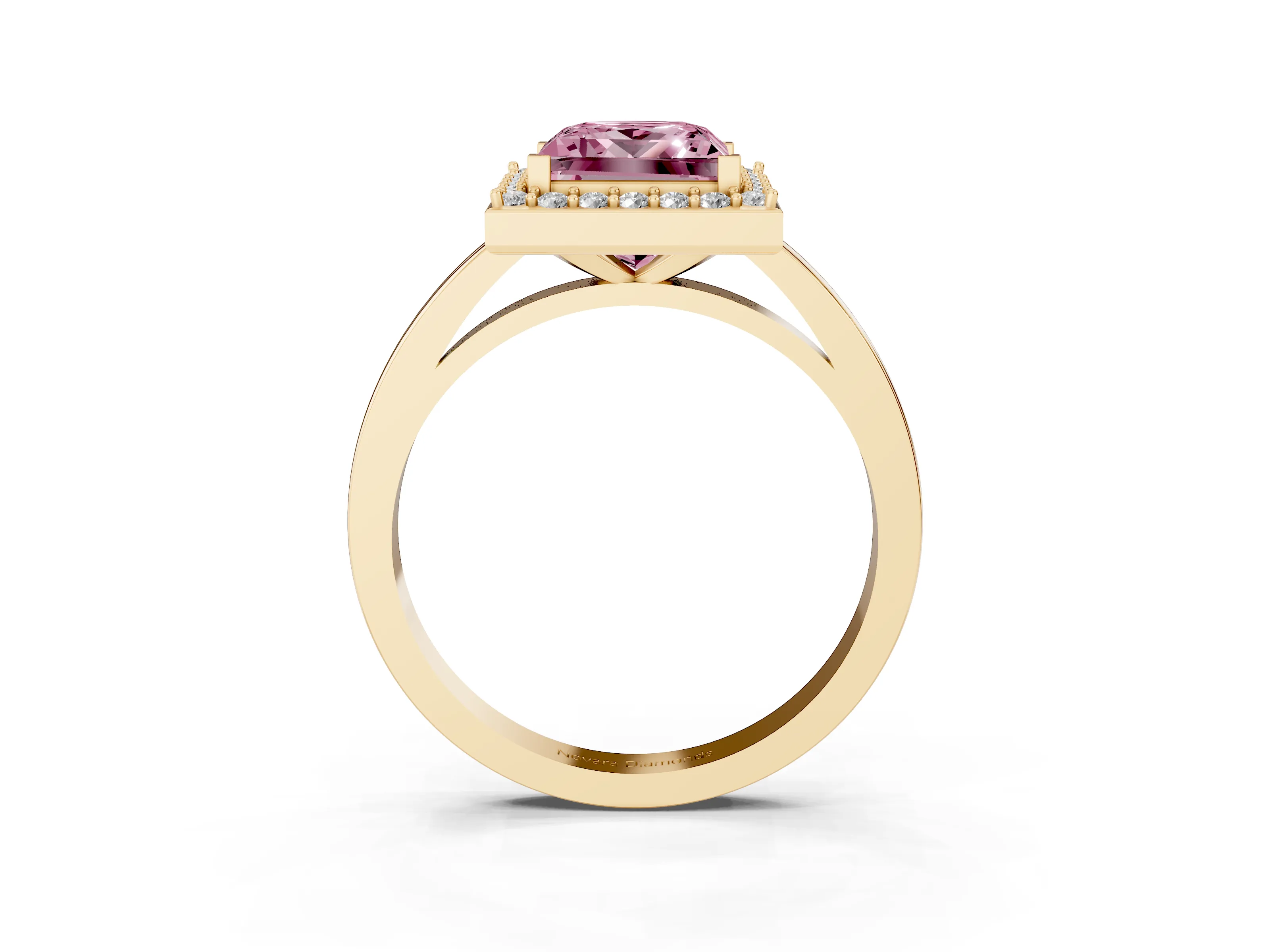 Fancy Pink Princess Cut Diamond Halo Ring Set in Yellow gold with Solitaire Band and Prong Setting