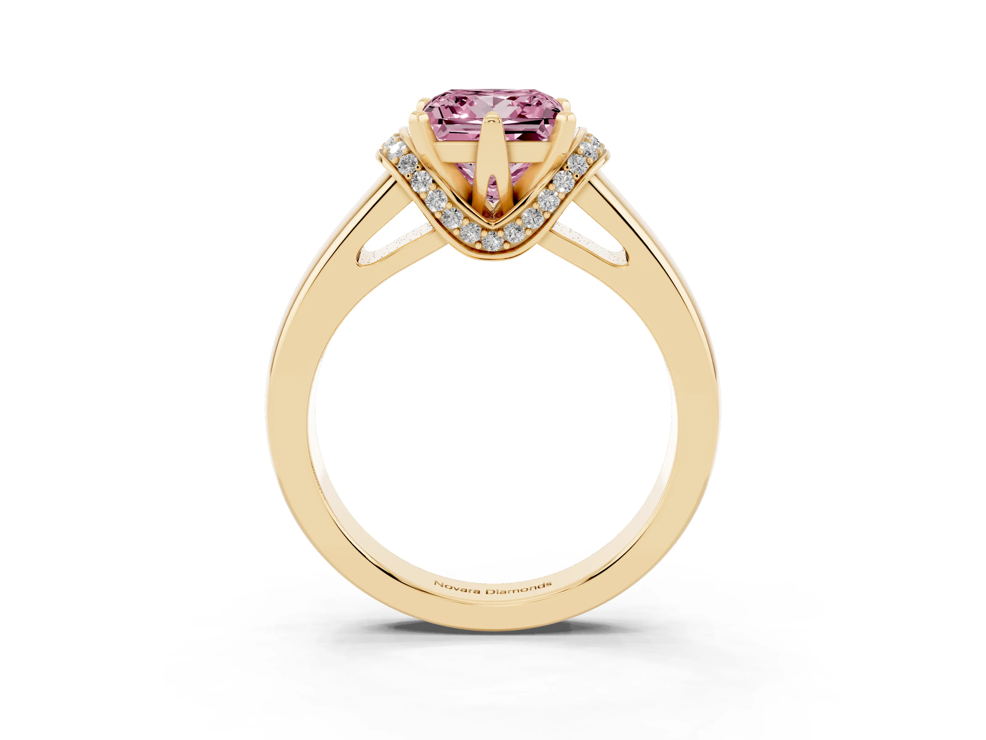 Fancy Pink Princess Cut Diamond Pavé Band Solitaire Ring Set in Yellow gold with Prong Setting