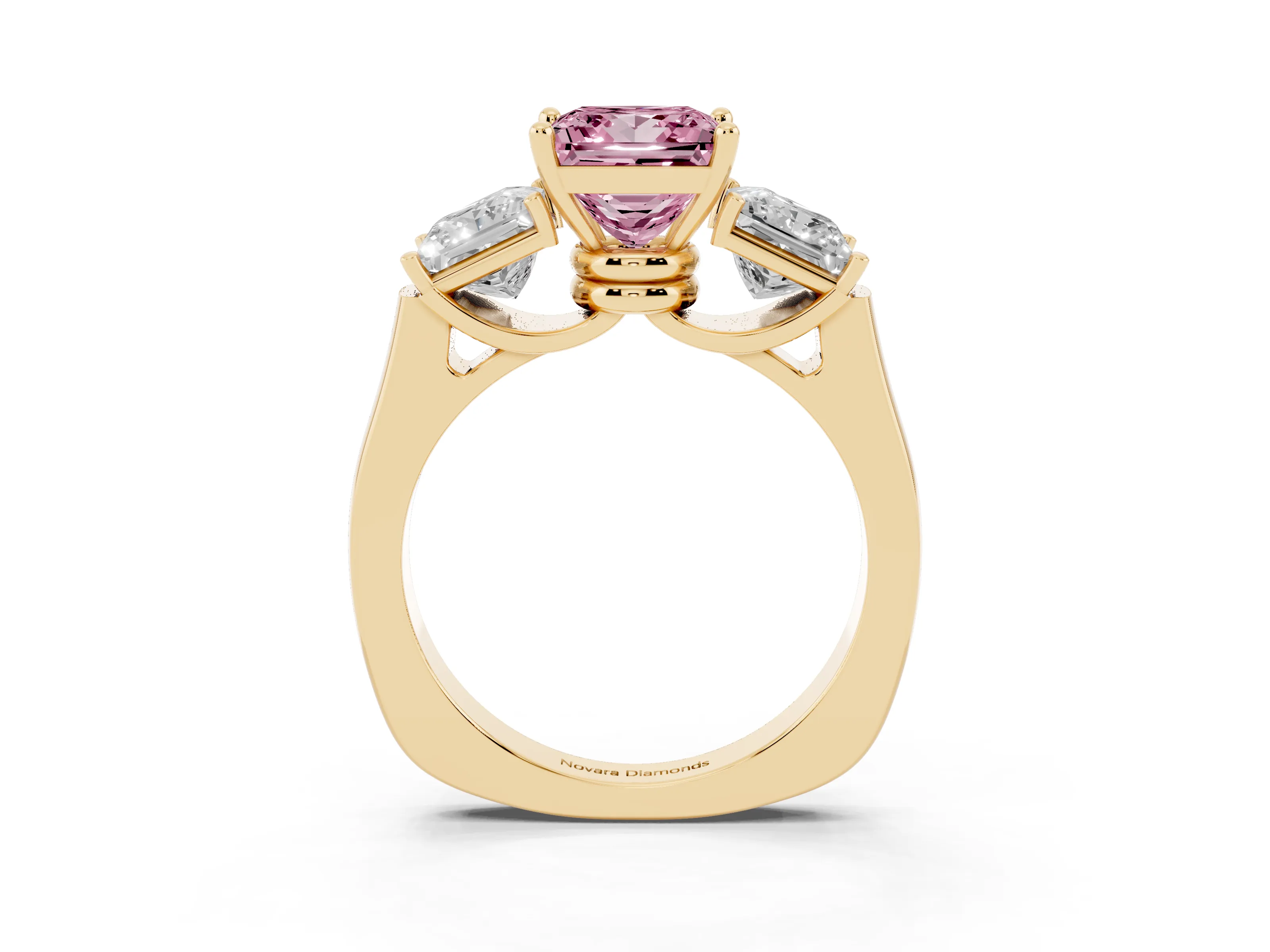 Fancy Pink Princess Cut Diamond Three-Stone Trellis Ring Set in Yellow gold with Comfort Fit Band