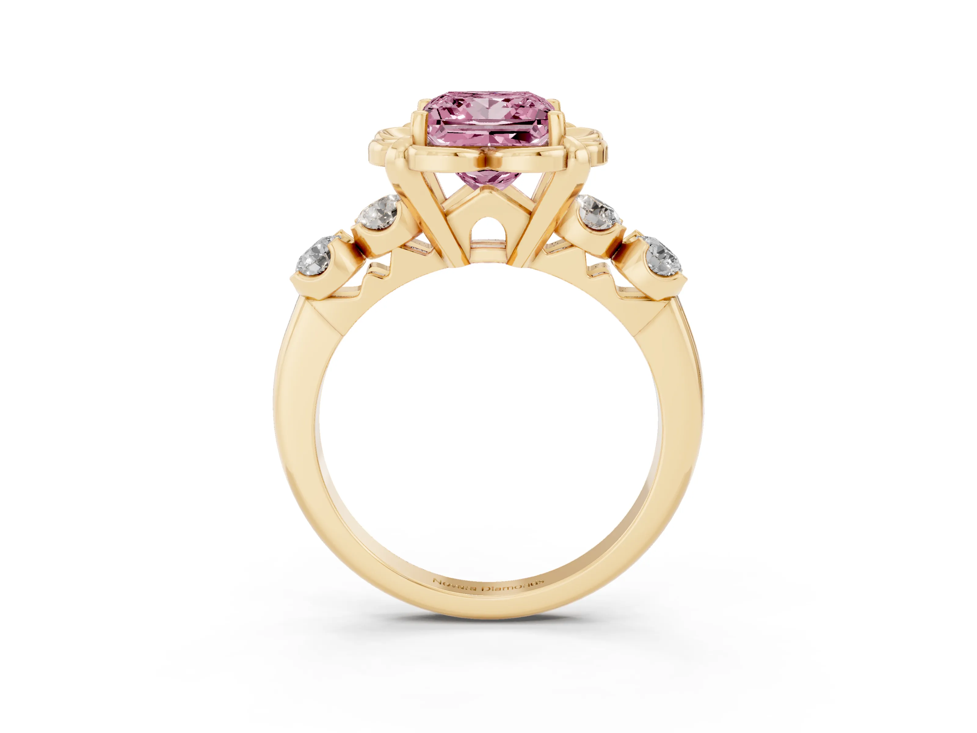 Fancy Pink Princess Cut Diamond Floral Halo Ring Set in Yellow gold with Shared Prong Band