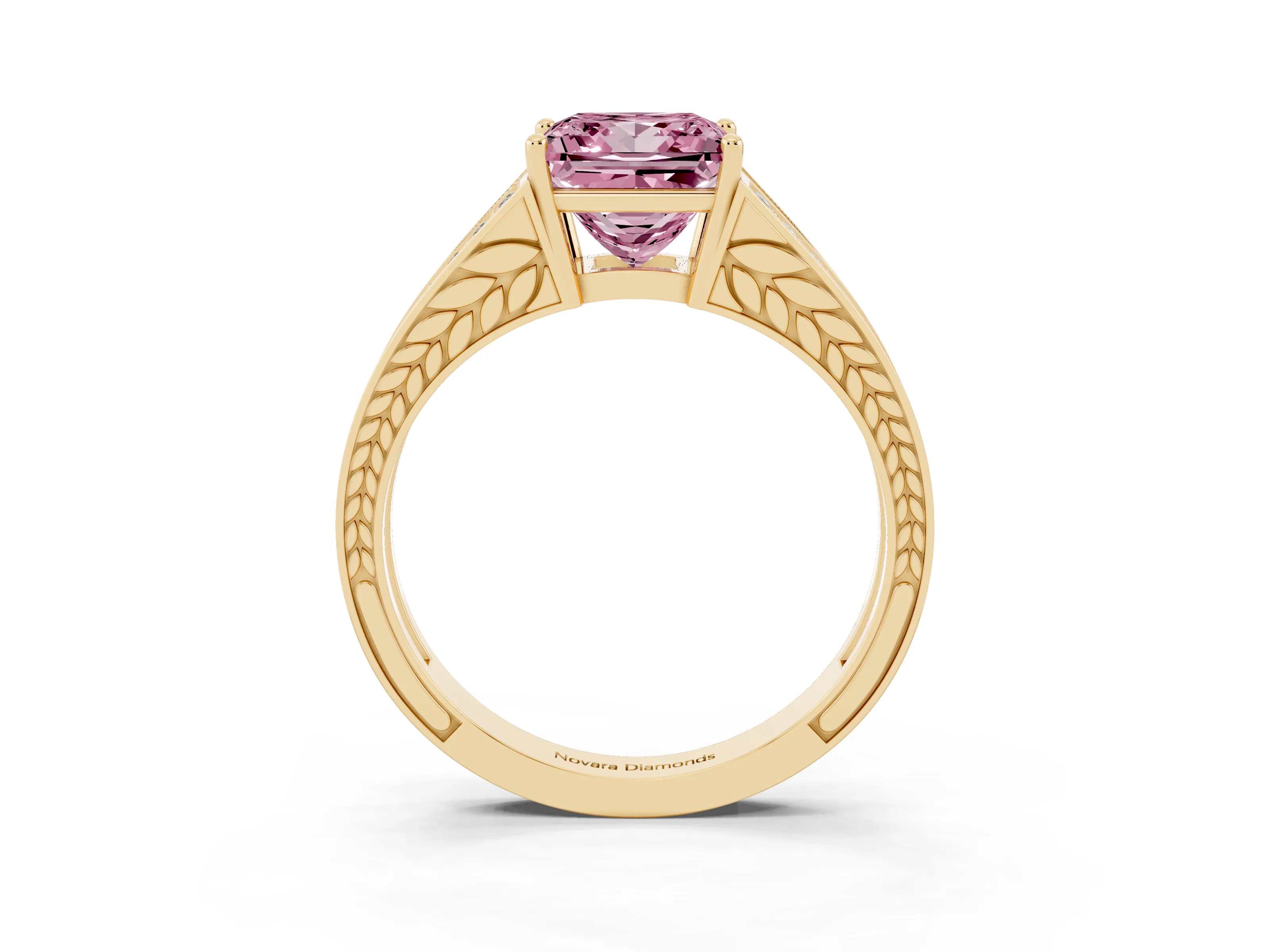 Fancy Pink Princess Cut Diamond Split Shank Ring Set in Yellow gold with Pavé Band and Prong Setting
