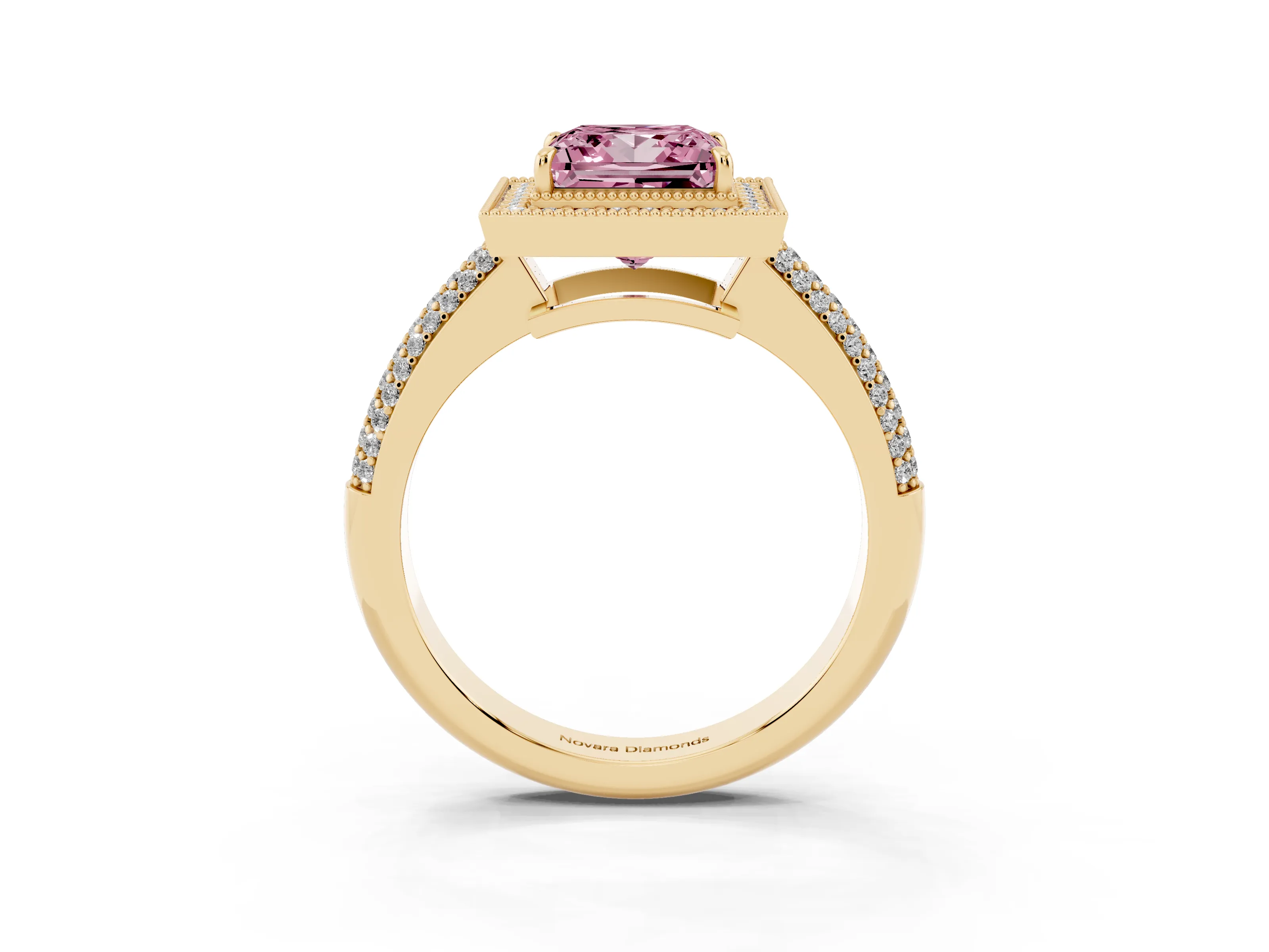 Fancy Pink Princess Cut Diamond Halo Pavé Band Set in Yellow gold with Prong Setting