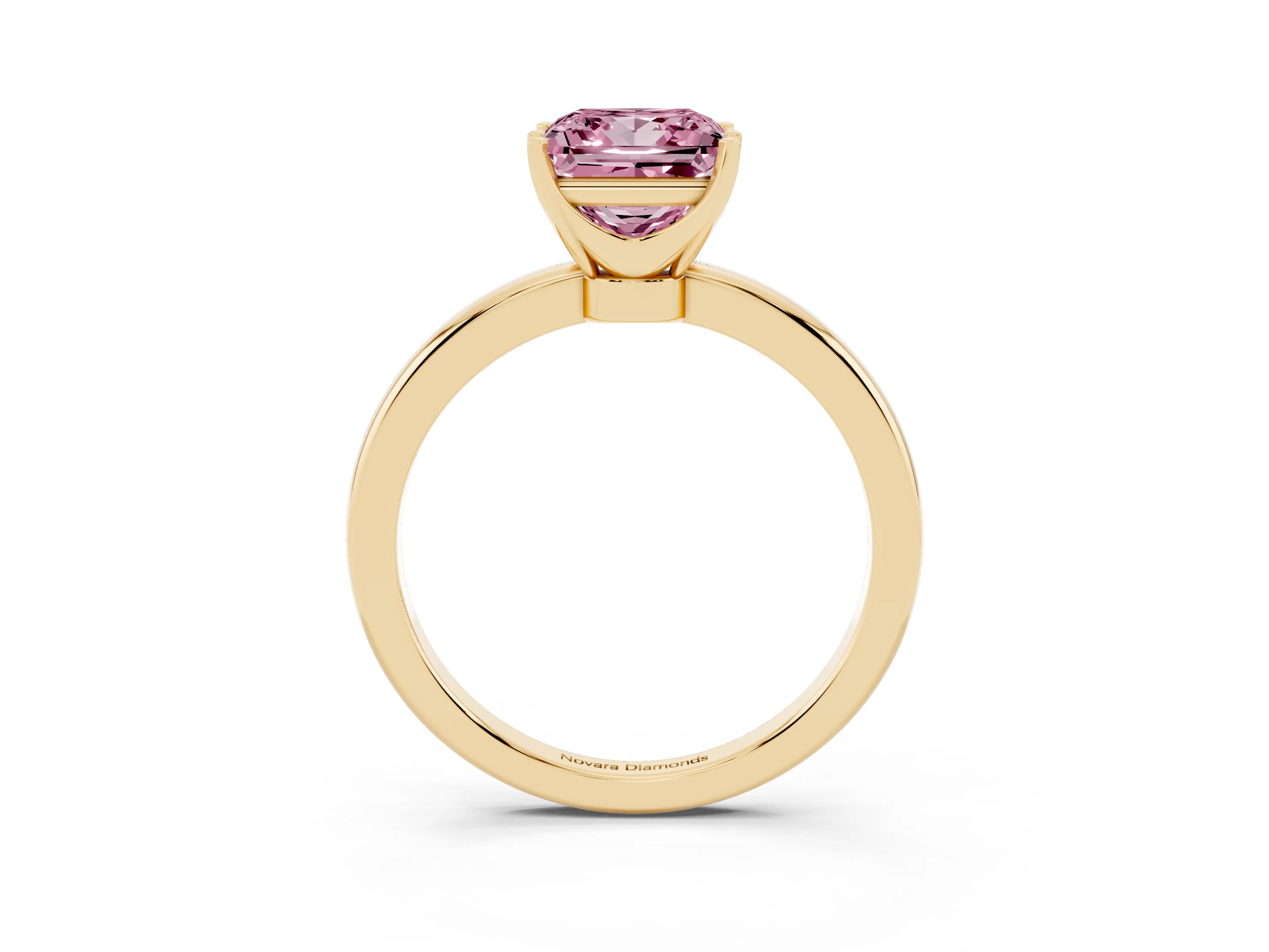 Fancy Pink Princess Cut Diamond Solitaire Ring Set in Yellow gold with Raised Prong Setting on a Classic Band
