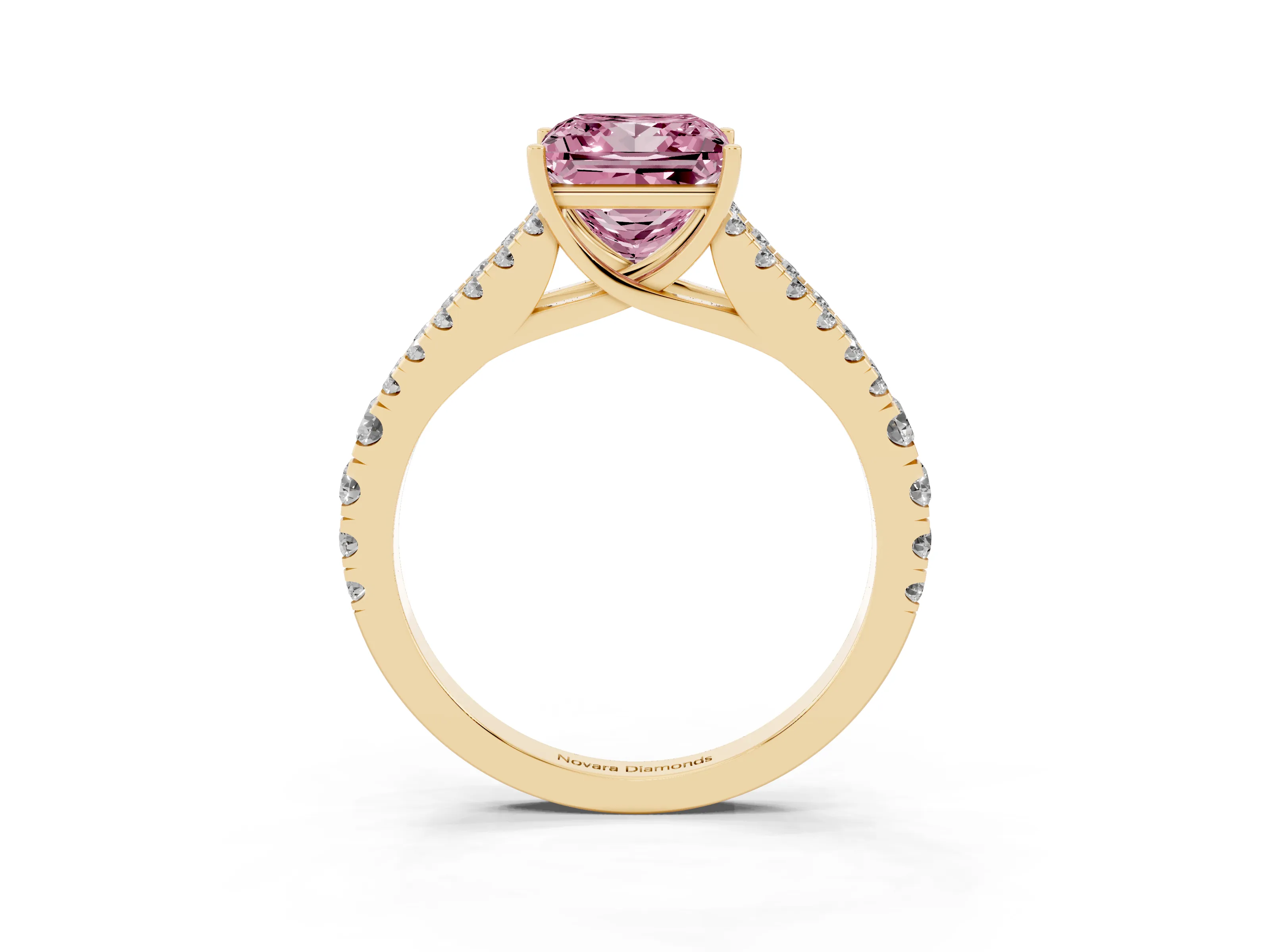 Fancy Pink Princess Cut Diamond Split Shank Pavé Engagement Ring Set in Yellow gold with Prong-Held Center Stone
