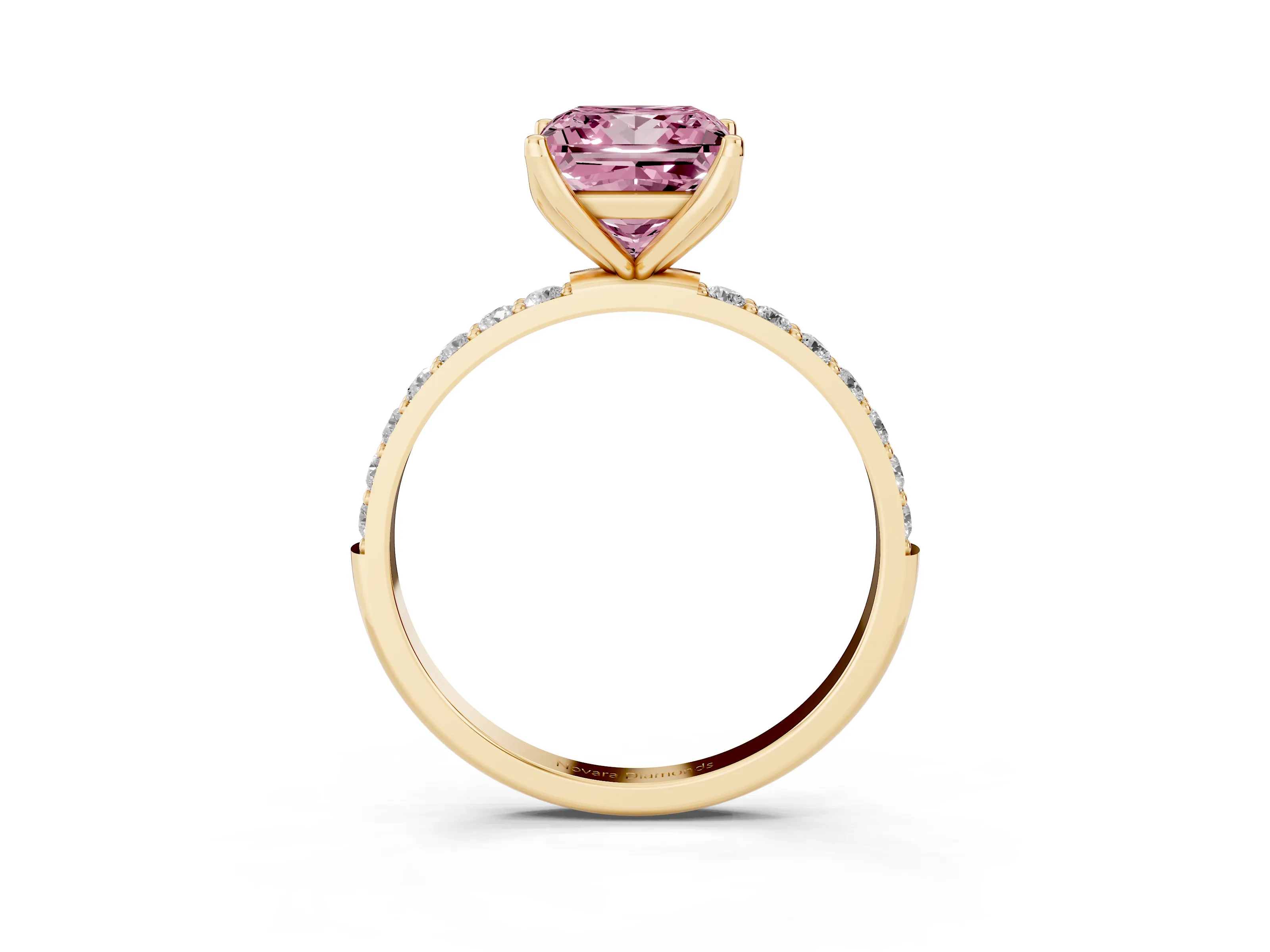 Fancy Pink Princess Cut Diamond Solitaire Engagement Ring Set in Yellow gold with Round Pavé Band and Prong Setting