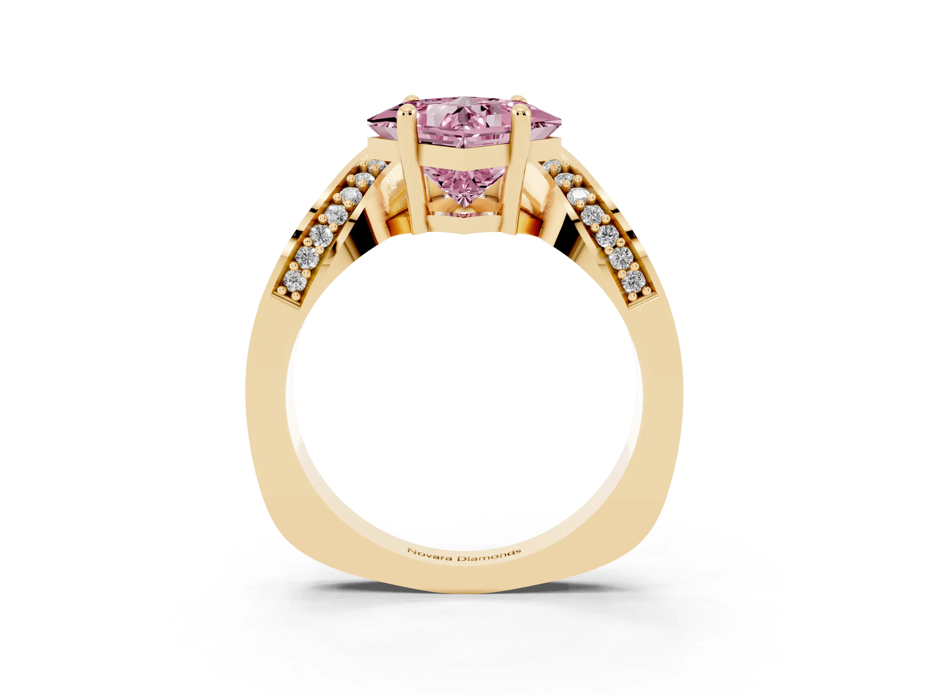 Fancy Pink Princess Cut Diamond Solitaire Engagement Ring Set in Yellow gold with Pavé Shoulders