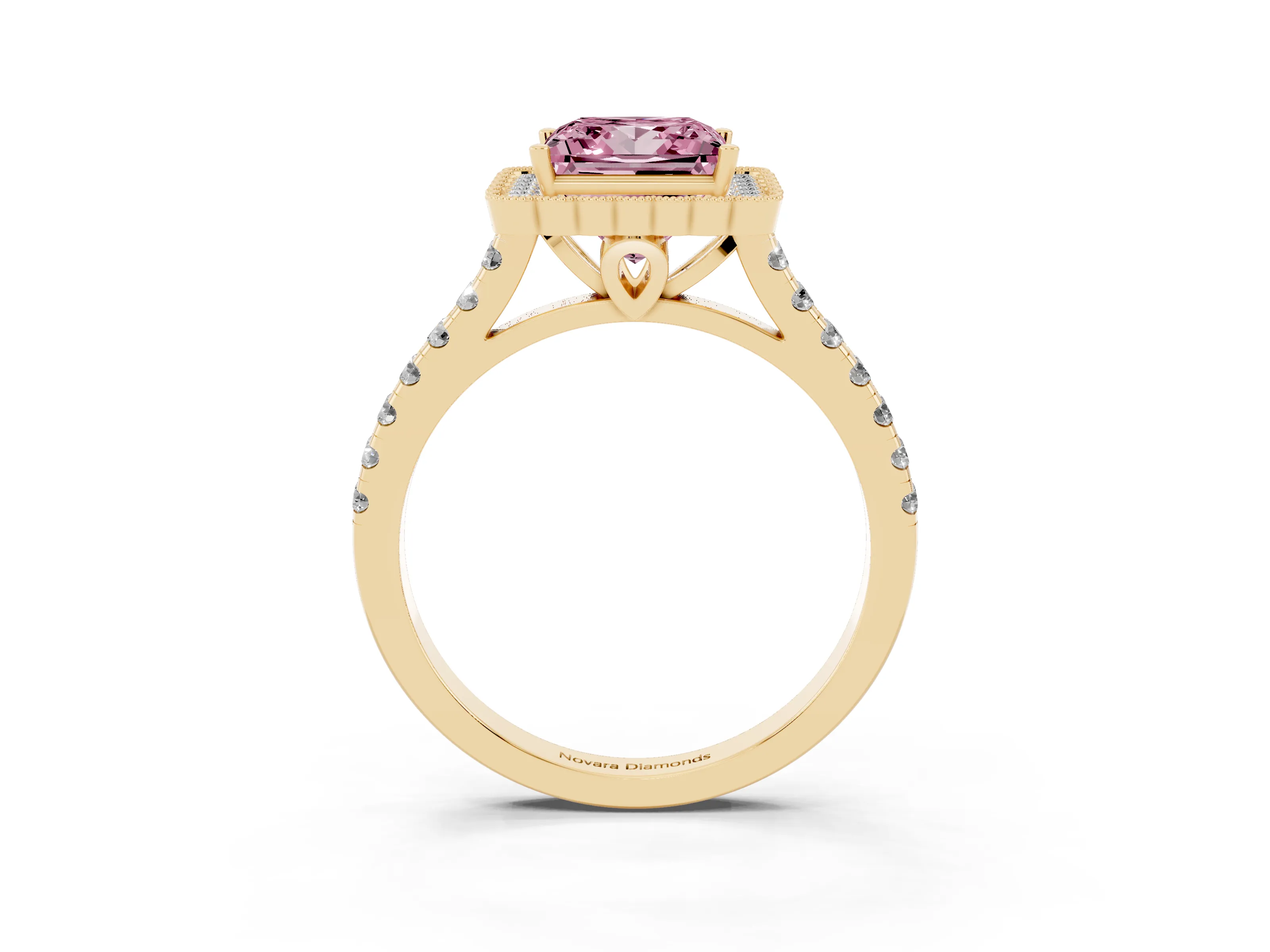 Fancy Pink Princess Cut Diamond Milgrain Floral Halo Engagement Ring Set in Yellow gold with Pavé Band