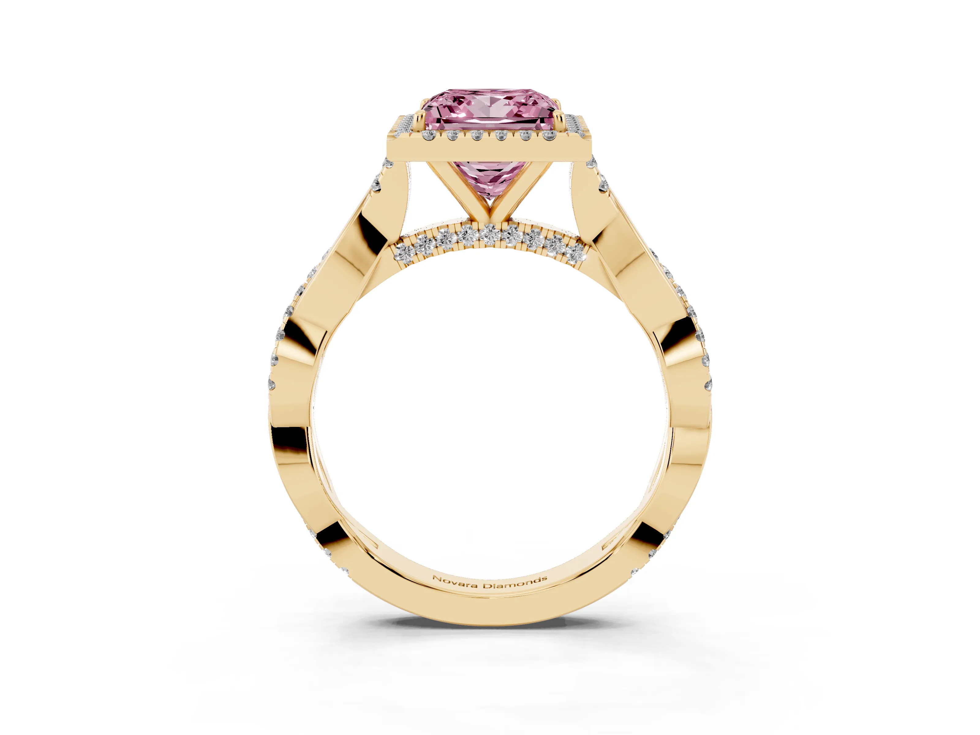 Fancy Pink Princess Cut Diamond Halo Twist Band Solitaire Ring Set in Yellow gold with Prong Setting