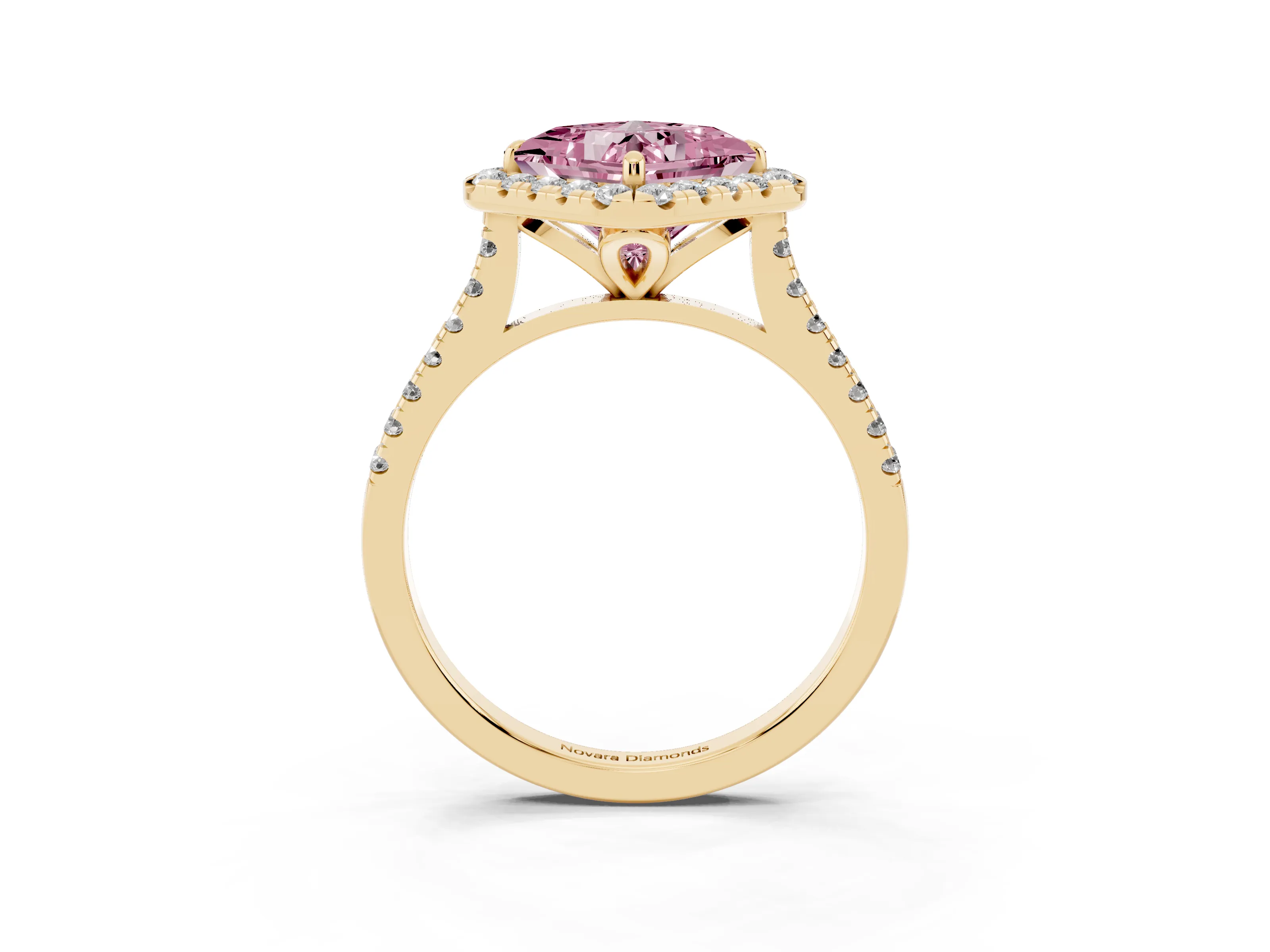 Fancy Pink Princess Cut Diamond Cushion Halo Ring Set in Yellow gold with Pavé Band