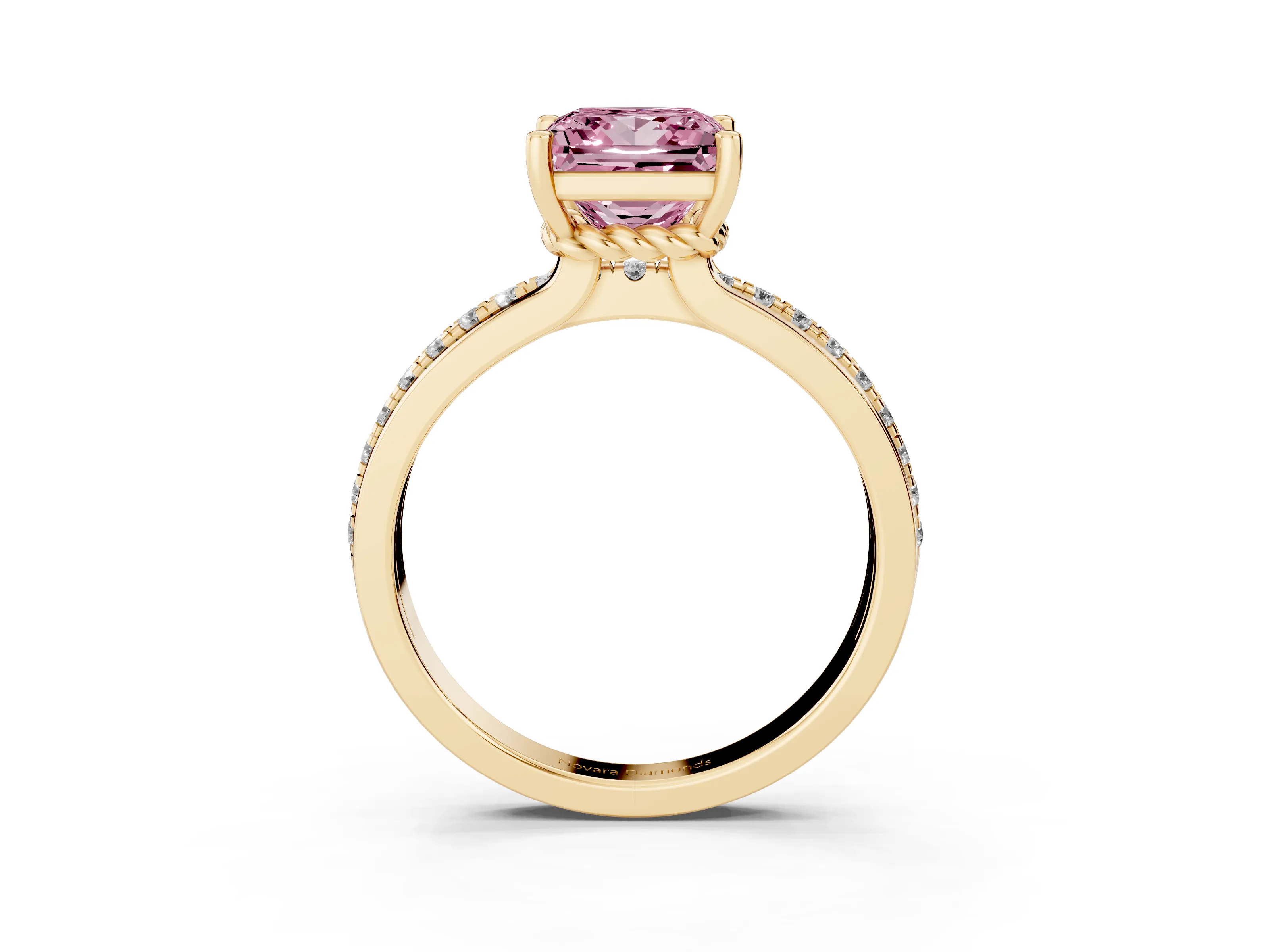 Fancy Pink Princess Cut Diamond Solitaire Ring Set in Yellow gold with Channel Set Band and Prong Setting