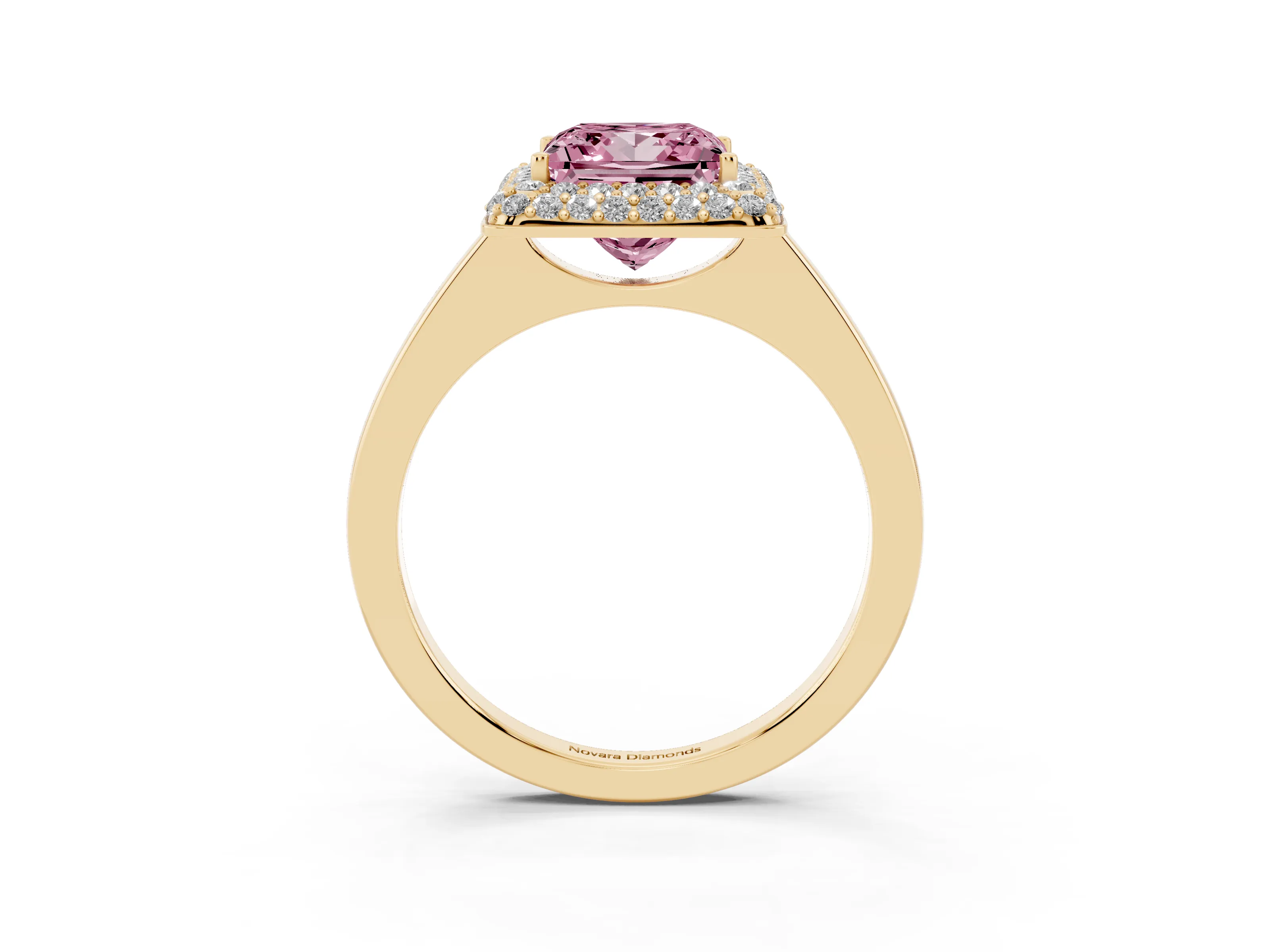 Fancy Pink Princess Cut Diamond Halo Engagement Ring Set in Yellow gold with Solitaire Band and Prong Setting