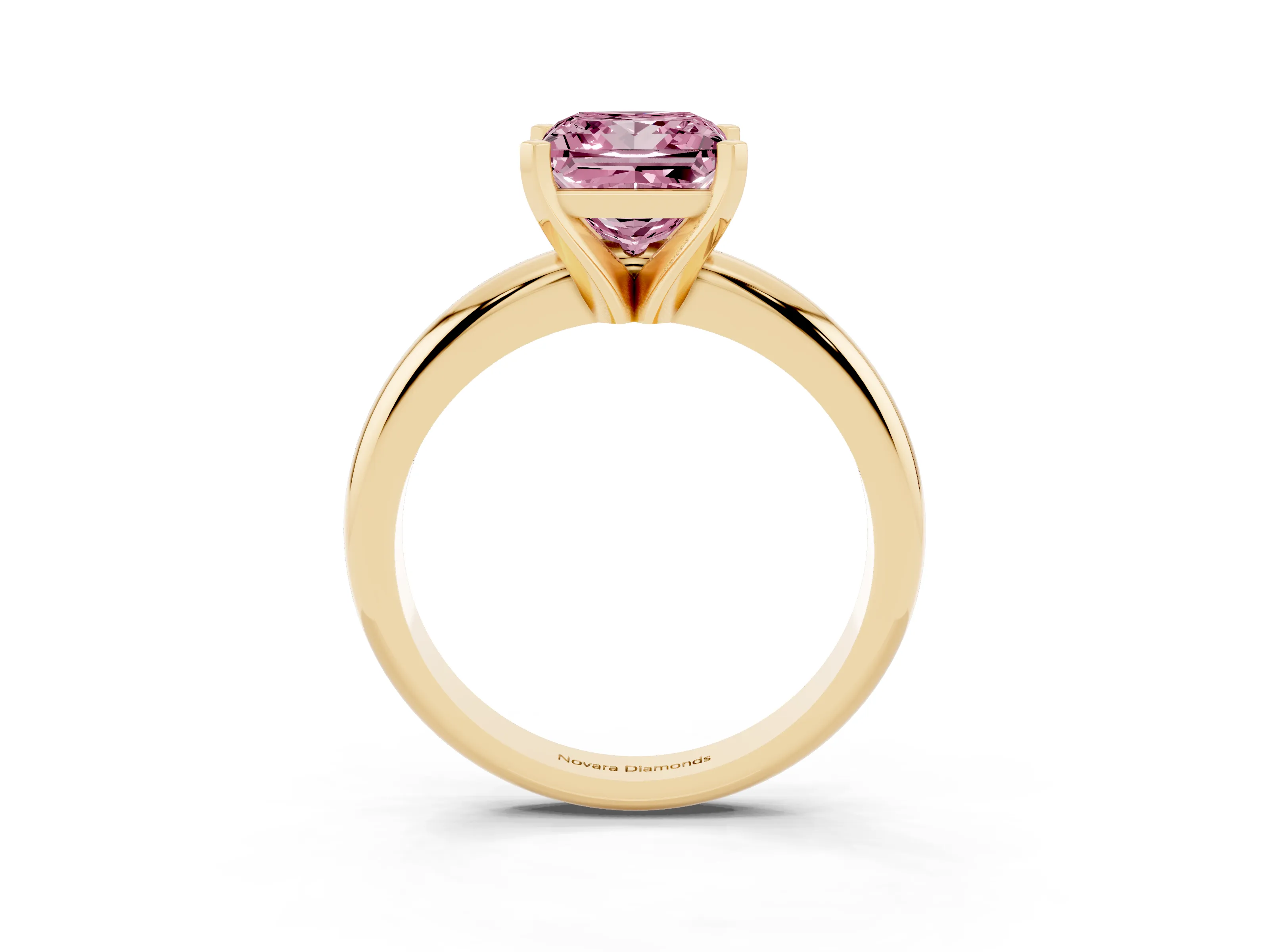 Fancy Pink Princess Cut Diamond Solitaire Engagement Ring Set in Yellow gold with Round Band and Prong Setting