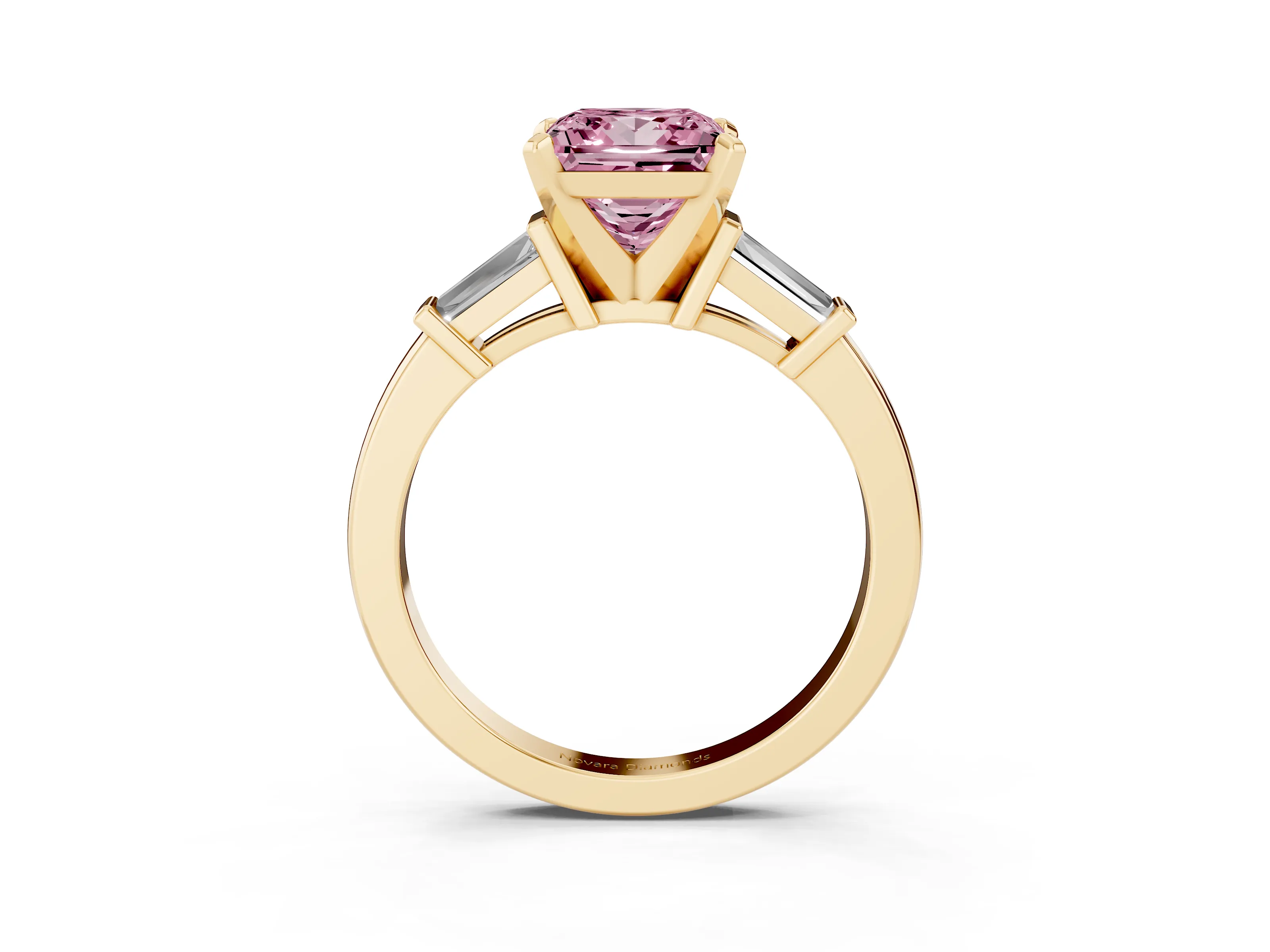 Fancy Pink Princess Cut Diamond Solitaire Ring Set in Yellow gold with Tapered Baguette Accents and Prong Setting