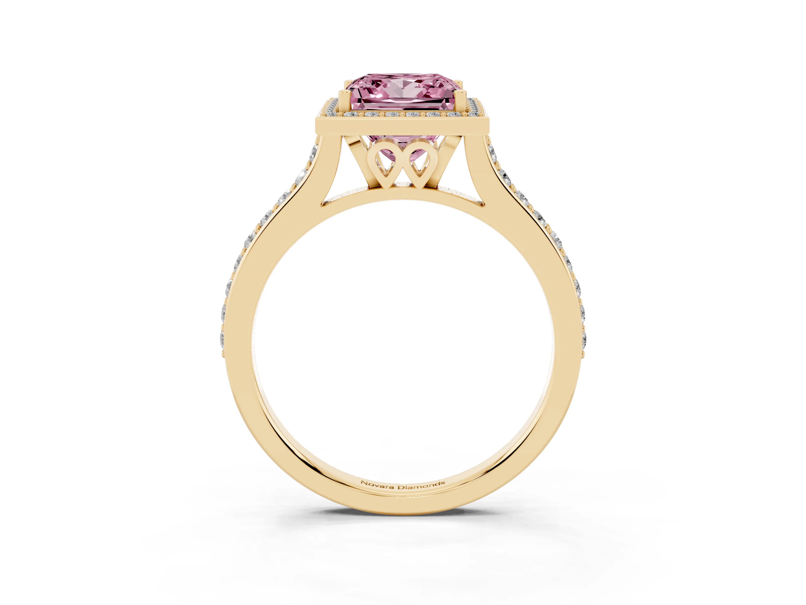 Fancy Pink Princess Cut Diamond Halo Engagement Ring Set in Yellow gold with Round Pavé Shoulders and Heart Gallery
