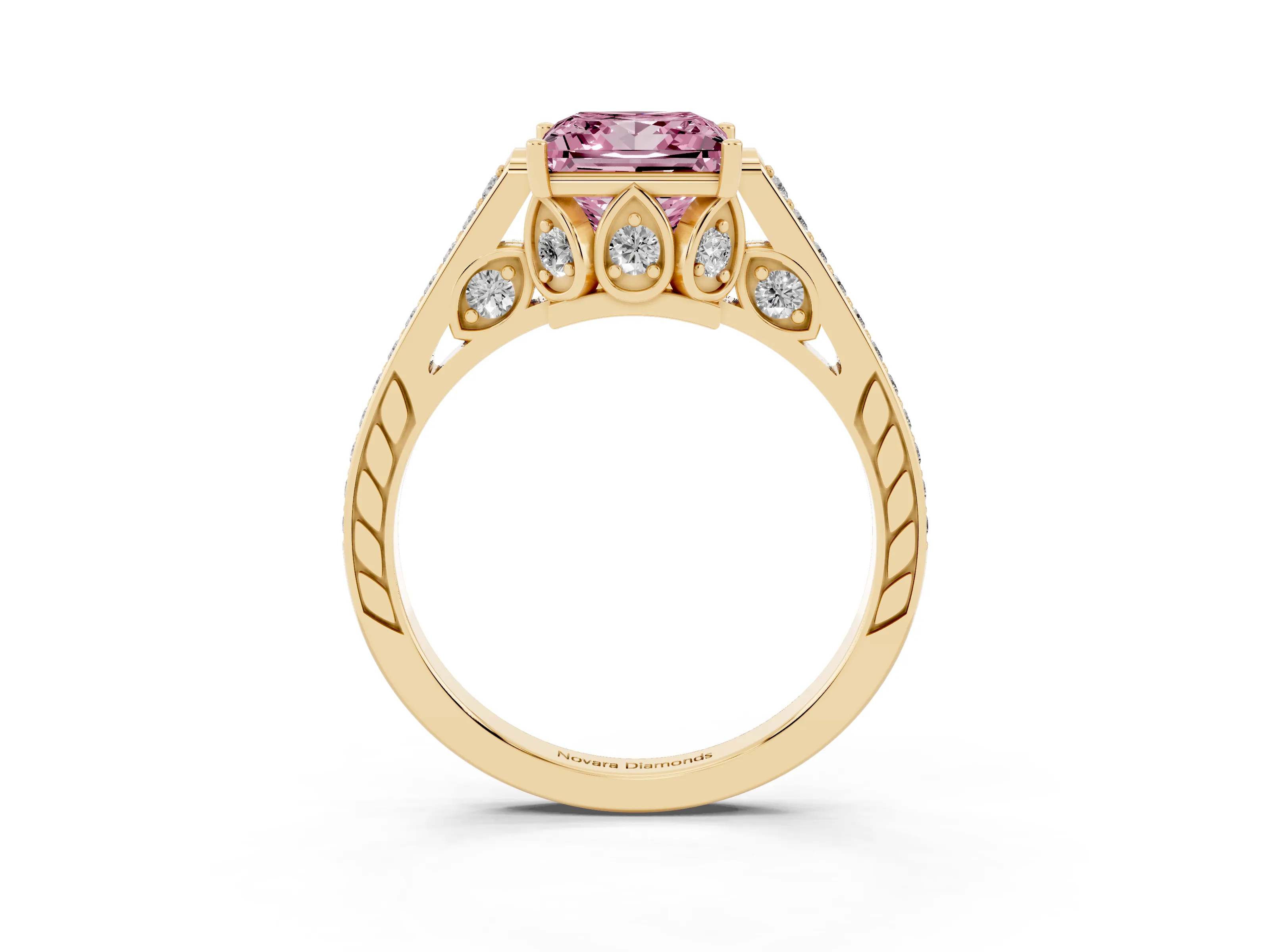 Fancy Pink Princess Cut Diamond Cathedral Pavé Engagement Ring Set in Yellow gold with Prong Setting