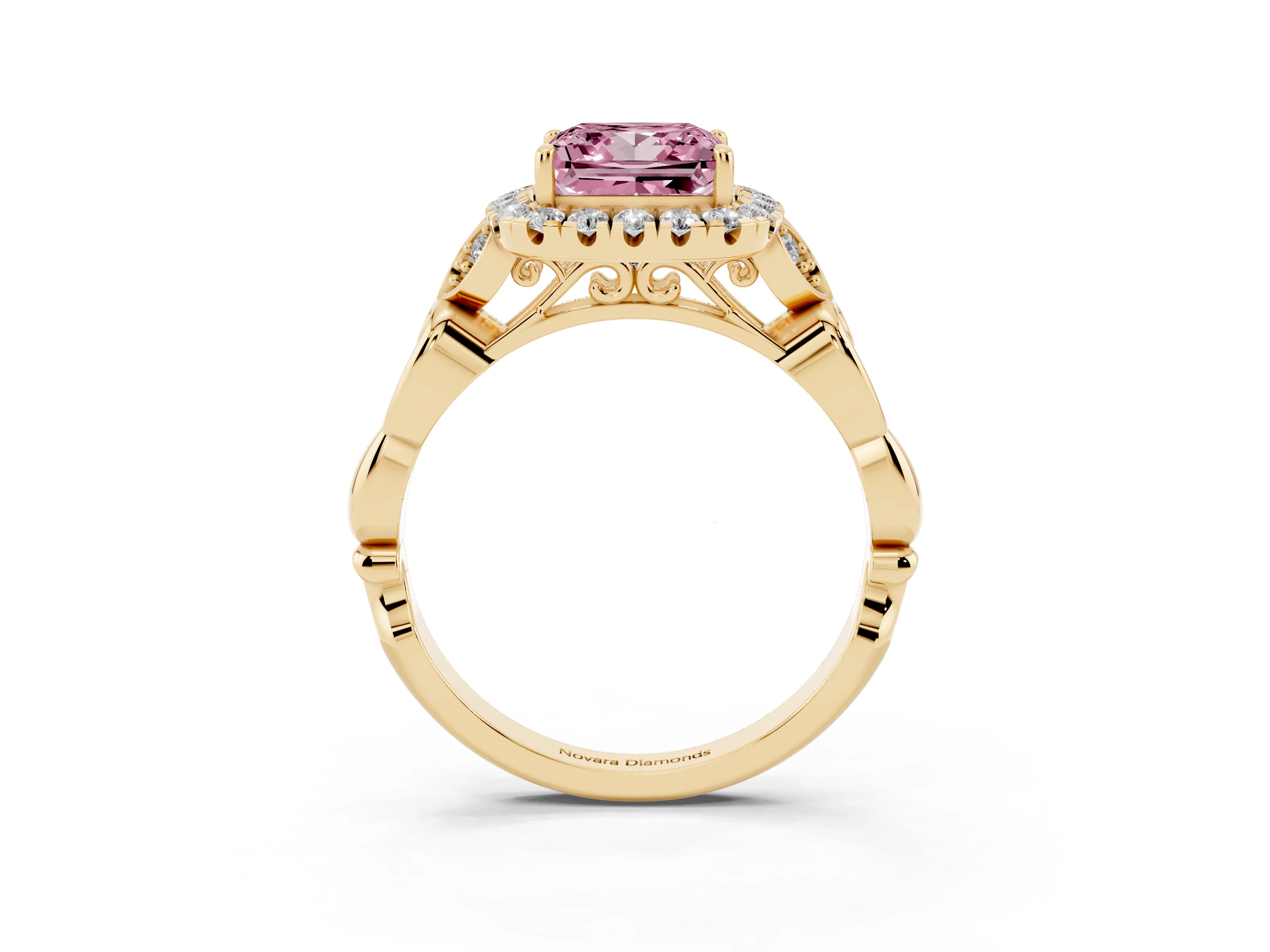 Fancy Pink Princess Cut Diamond Halo Engagement Ring Set in Yellow gold with Vintage-Inspired Band and Prong Setting