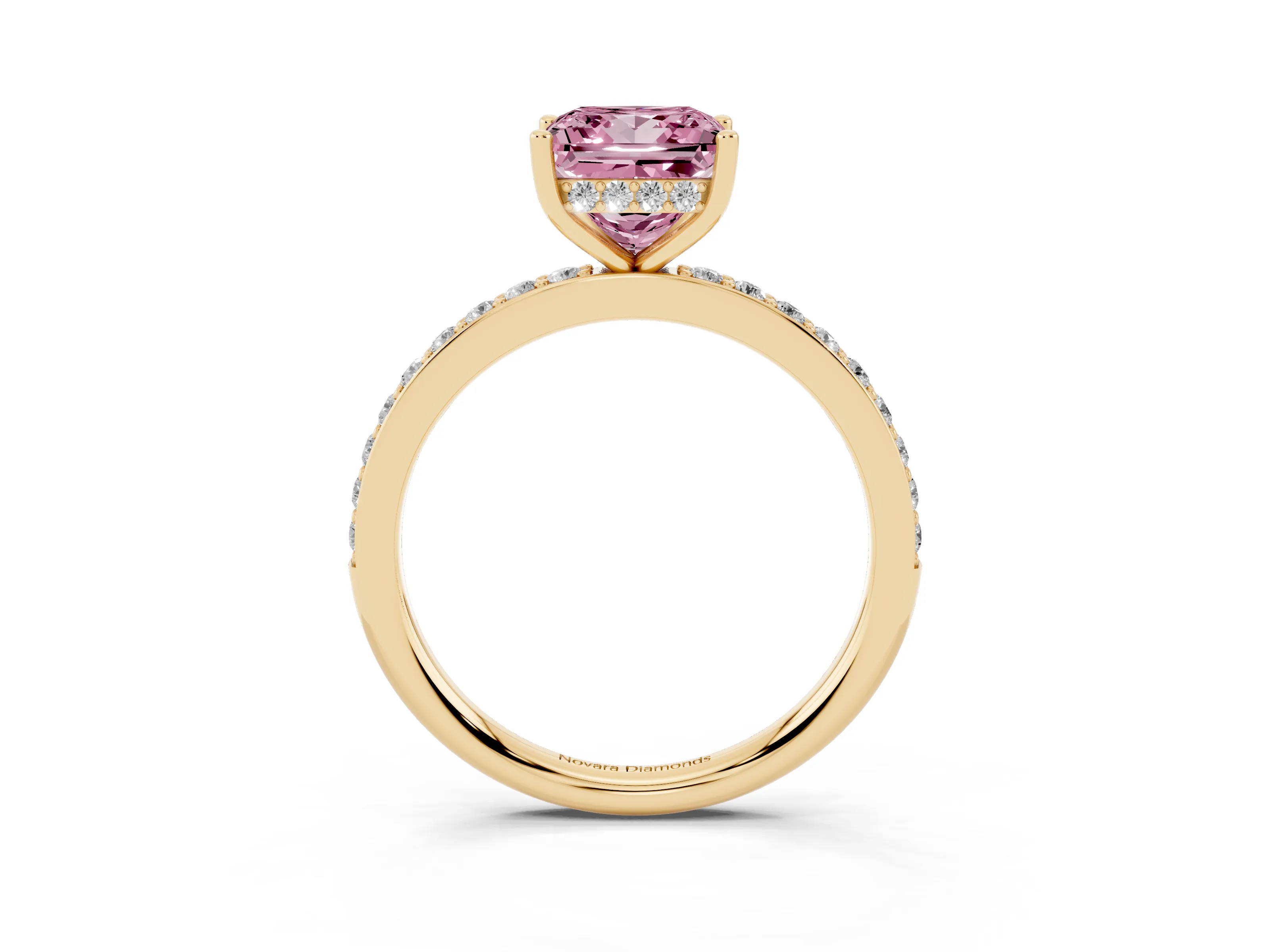 Fancy Pink Princess Cut Diamond Pavé Band Ring Set in Yellow gold with Prong-Set Center Stone