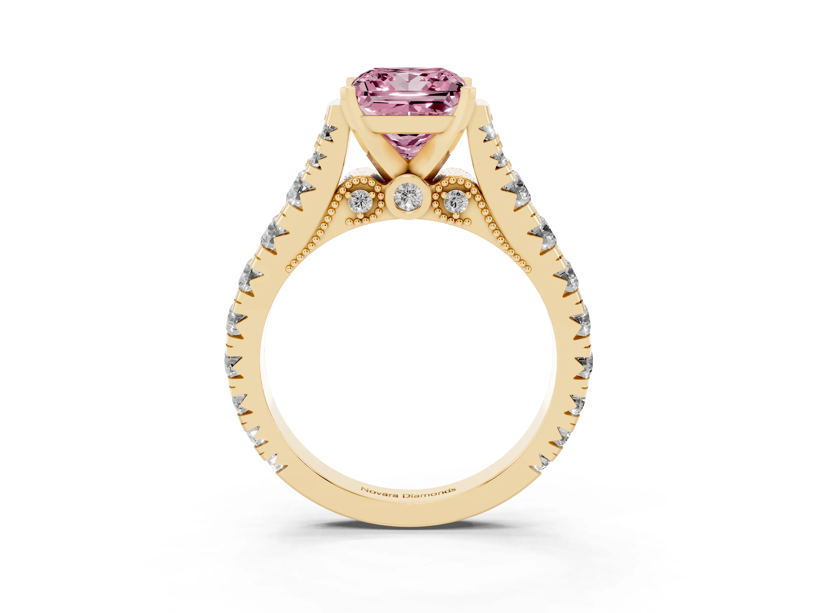 Fancy Pink Princess Cut Diamond Classic Solitaire Ring Set in Yellow gold with Pavé Band and Prong Setting