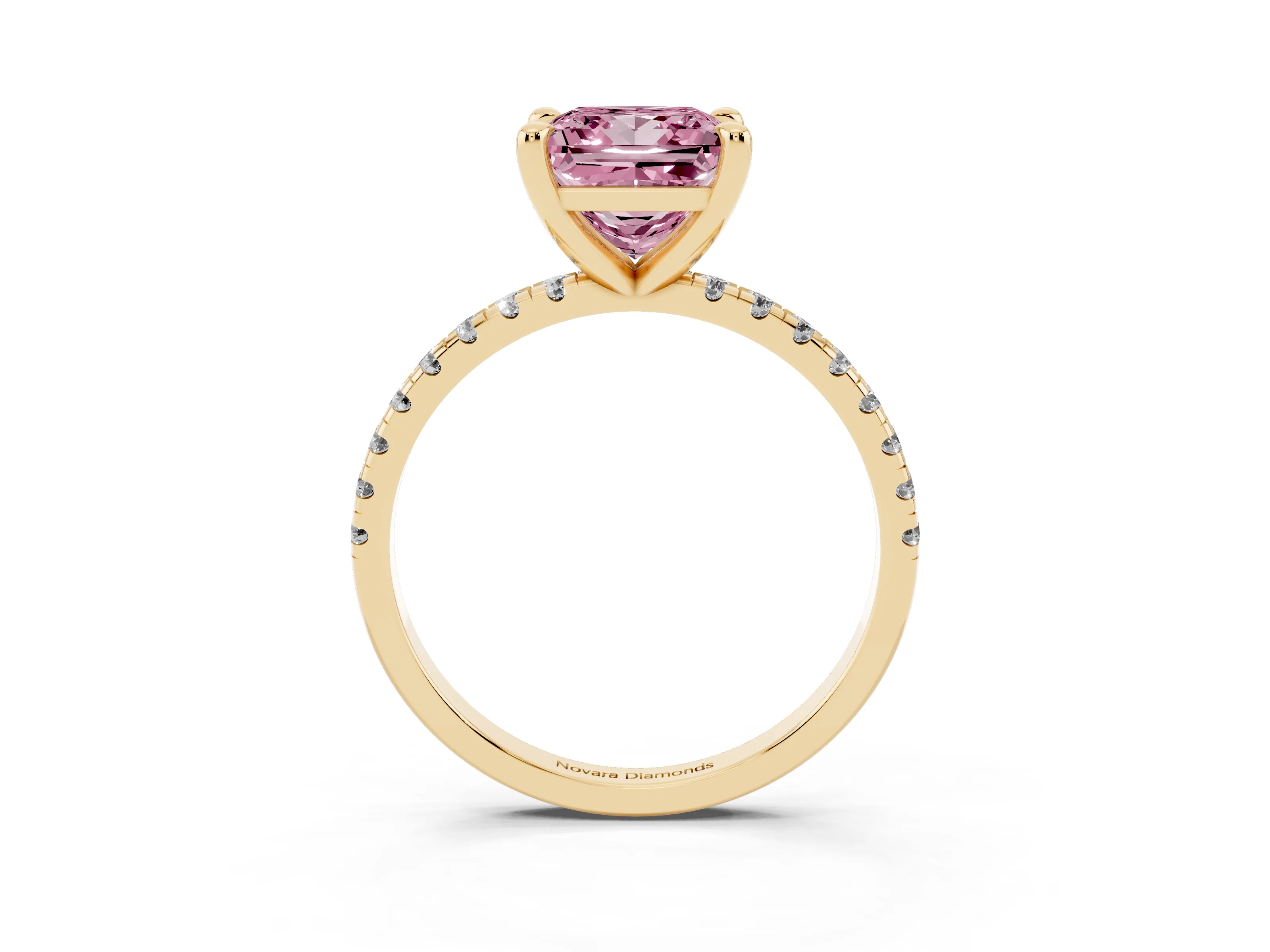 Fancy Pink Princess Cut Diamond Brilliant Solitaire Ring Set in Yellow gold with Pavé Band and Prong Setting