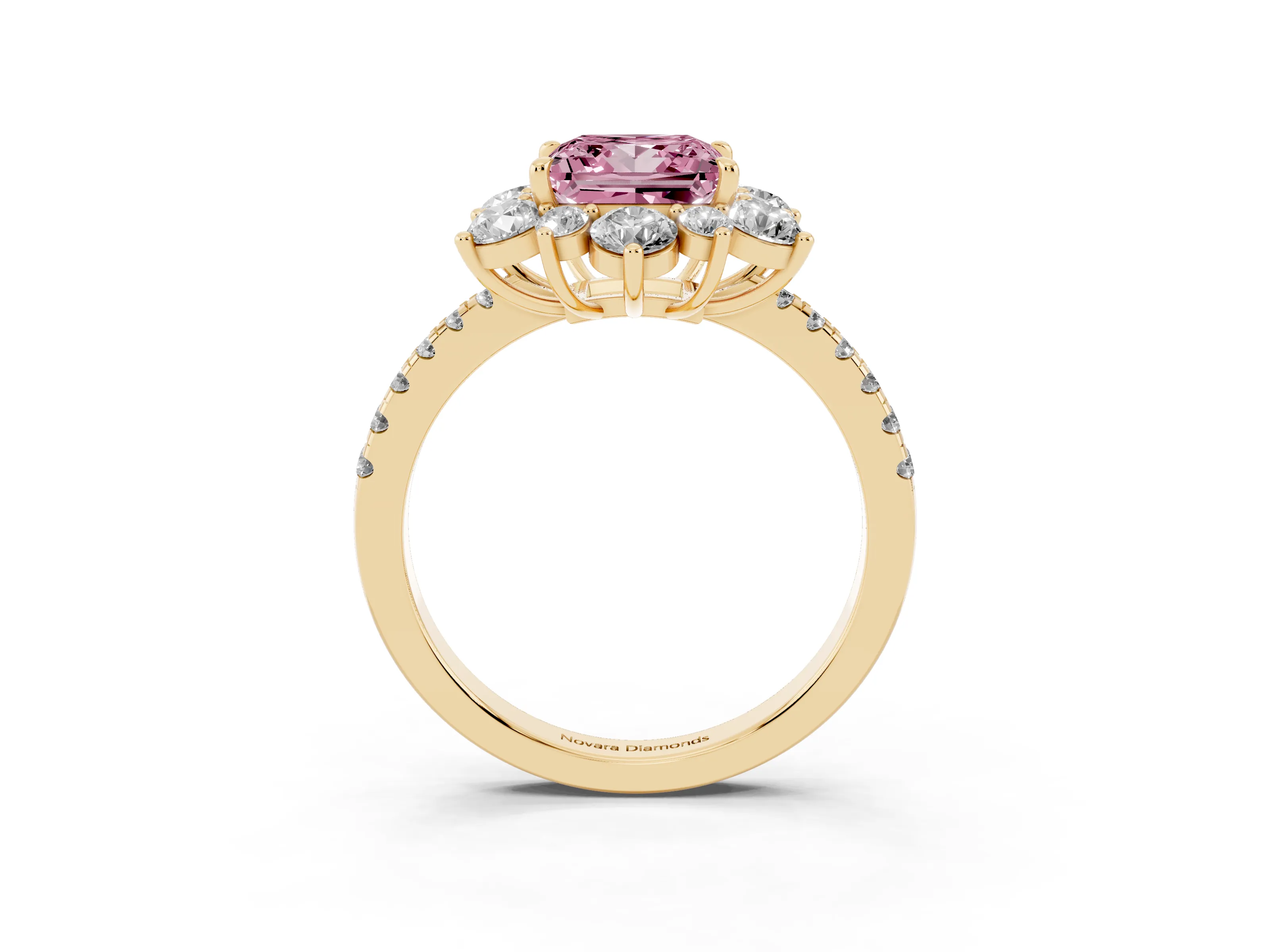 Fancy Pink Princess Cut Diamond Floral Halo Ring Set in Yellow gold with Round Pavé Band and Prong Setting