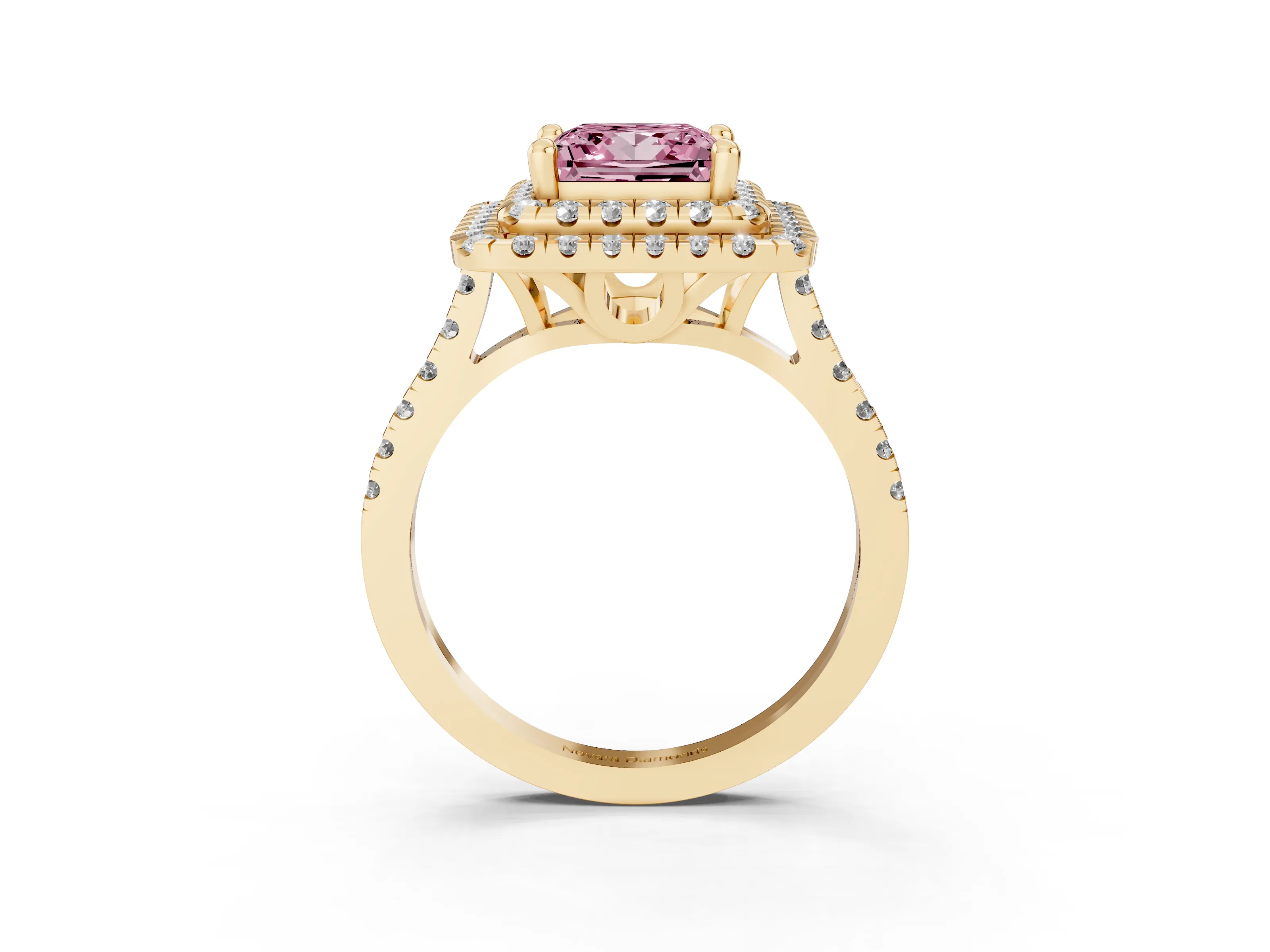 Fancy Pink Princess Cut Diamond Double Halo Statement Ring Set in Yellow gold with Pavé Band