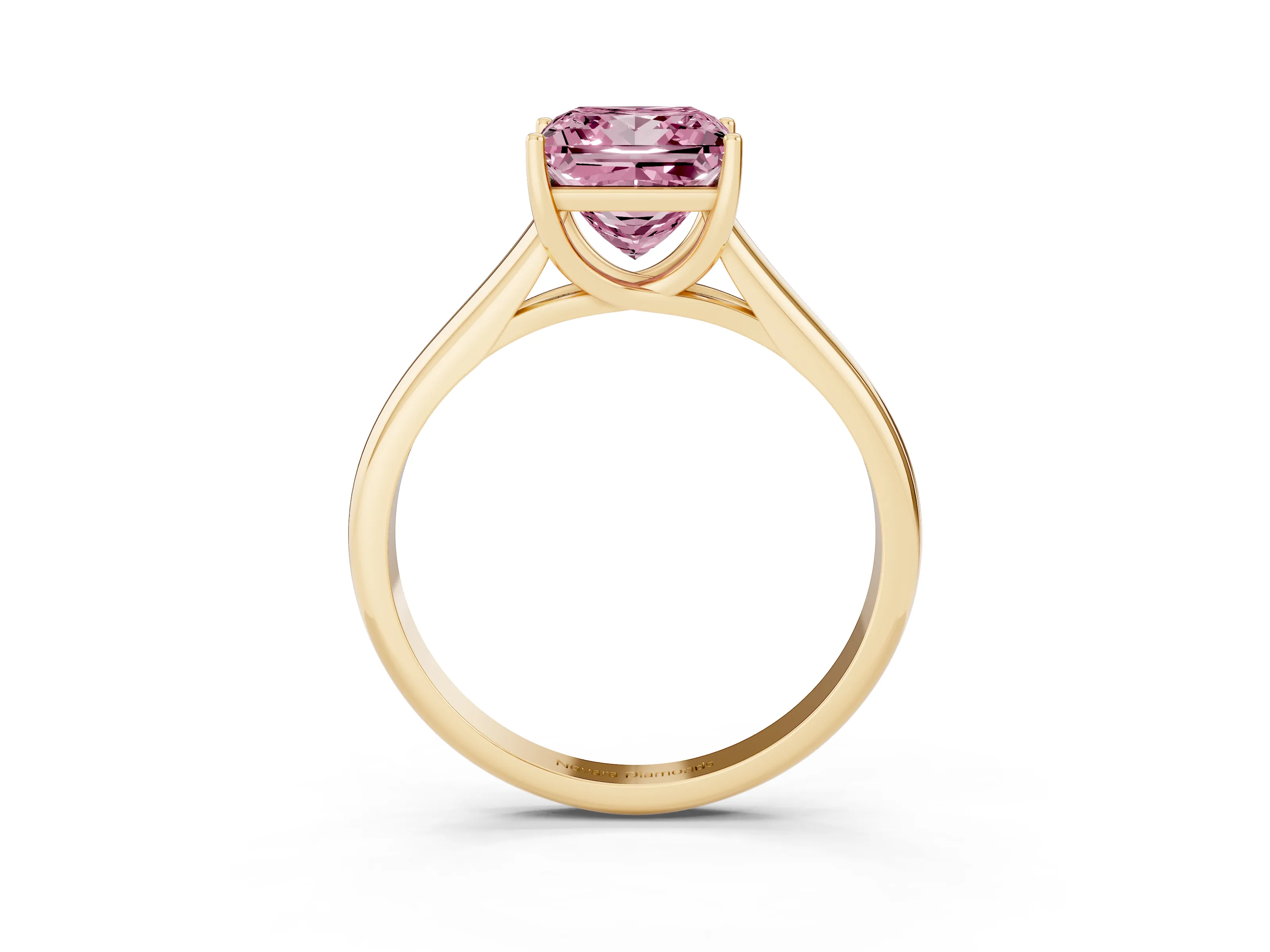 Fancy Pink Princess Cut Diamond Solitaire Engagement Ring Set in Yellow gold with Subtly Tapered Band and Prong Setting