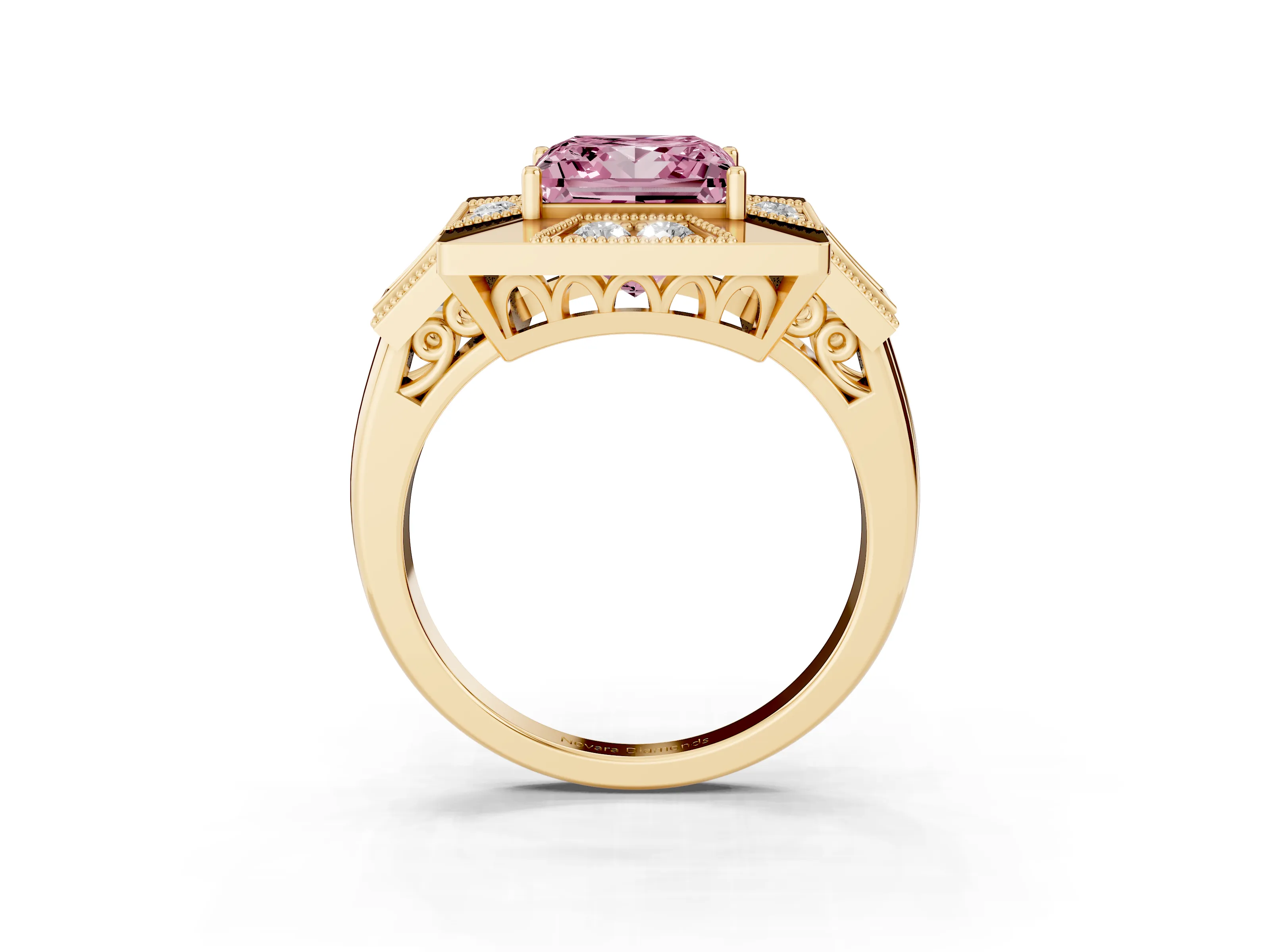 Fancy Pink Princess Cut Diamond Milgrain Halo Ring Set in Yellow gold with Split Shank