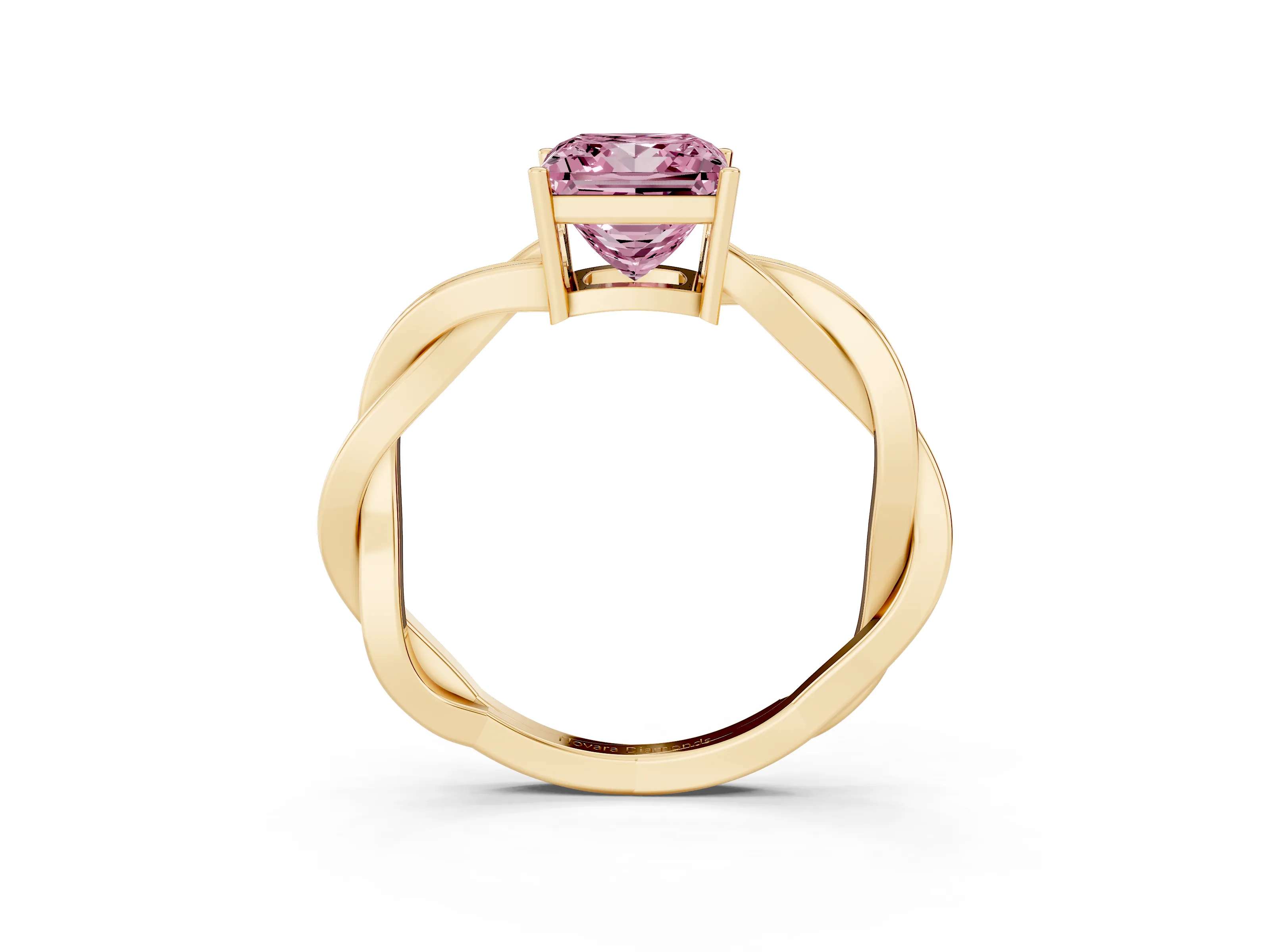 Fancy Pink Princess Cut Diamond Solitaire Twisted Pavé Ring Set in Yellow gold with Prong Setting