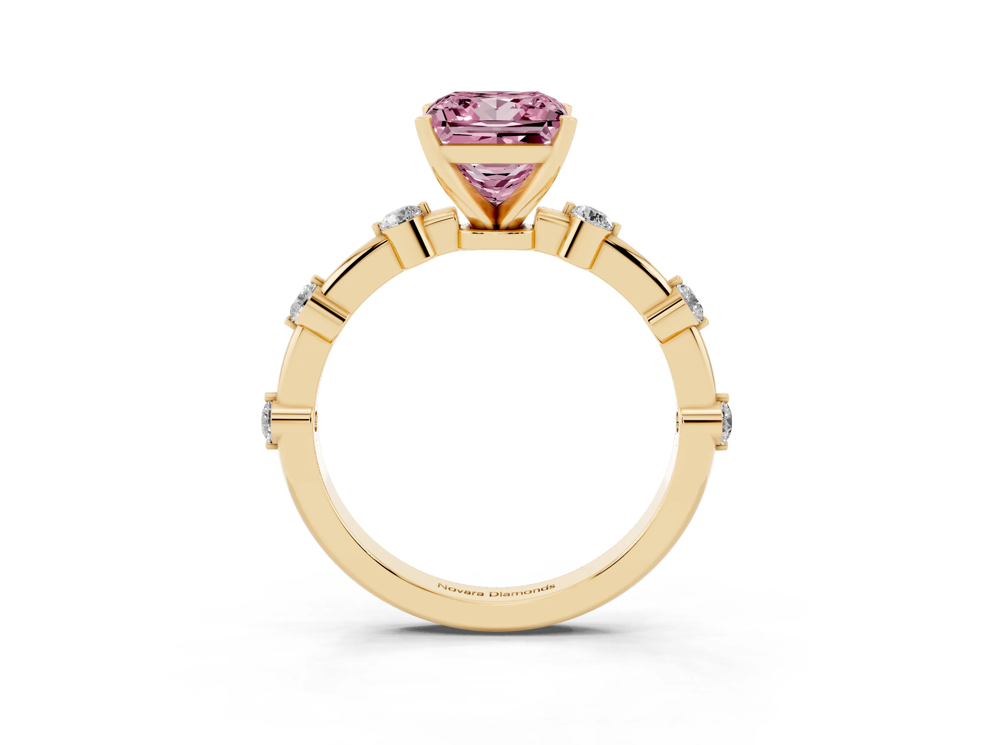 Fancy Pink Princess Cut Diamond Solitaire Ring Set in Yellow gold with Bezel Set Side Stones and Prong Setting