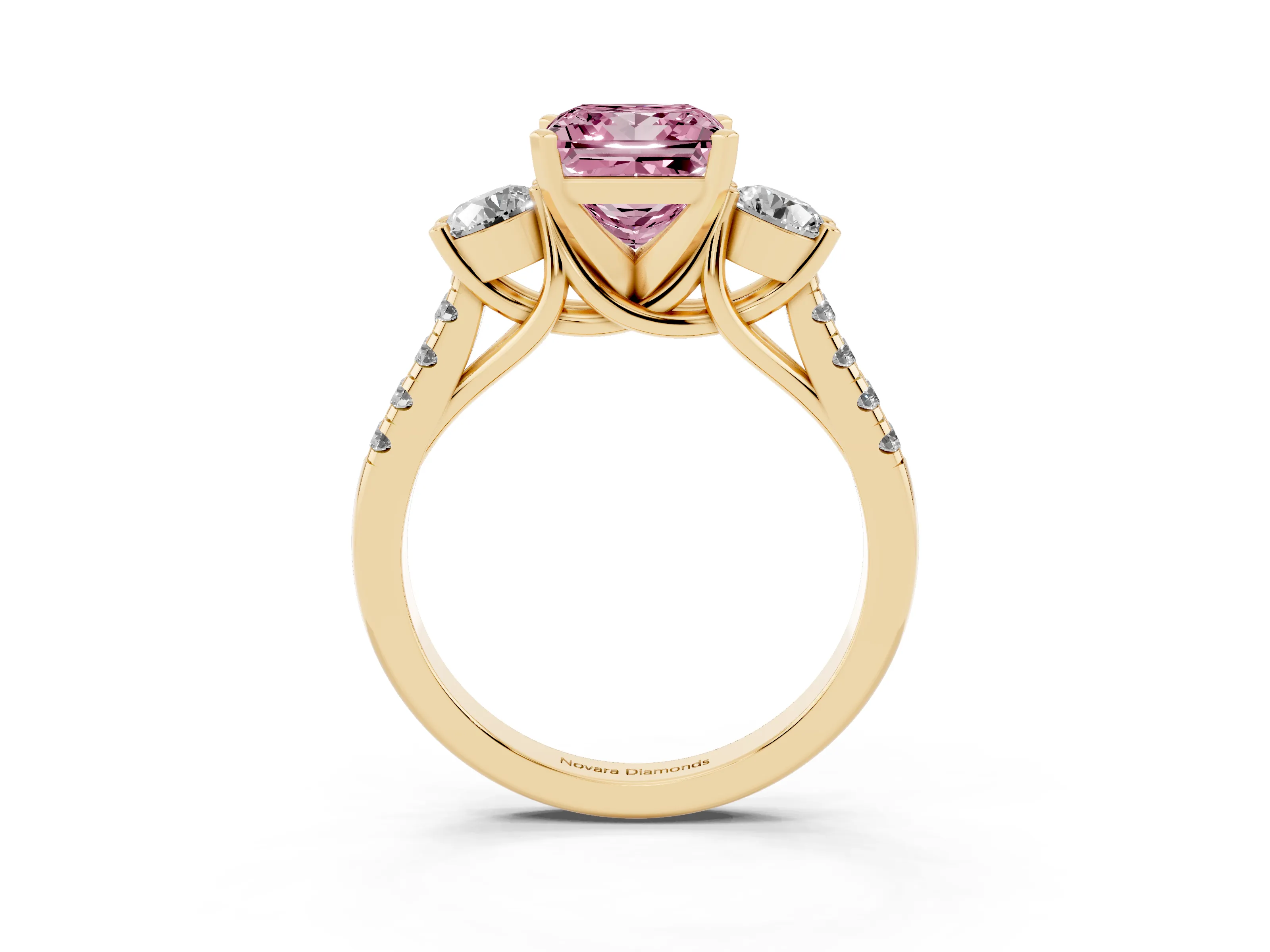 Fancy Pink Three-Stone Princess Cut Diamond Pavé Band Ring Set in Yellow gold with Prong-Set Trio