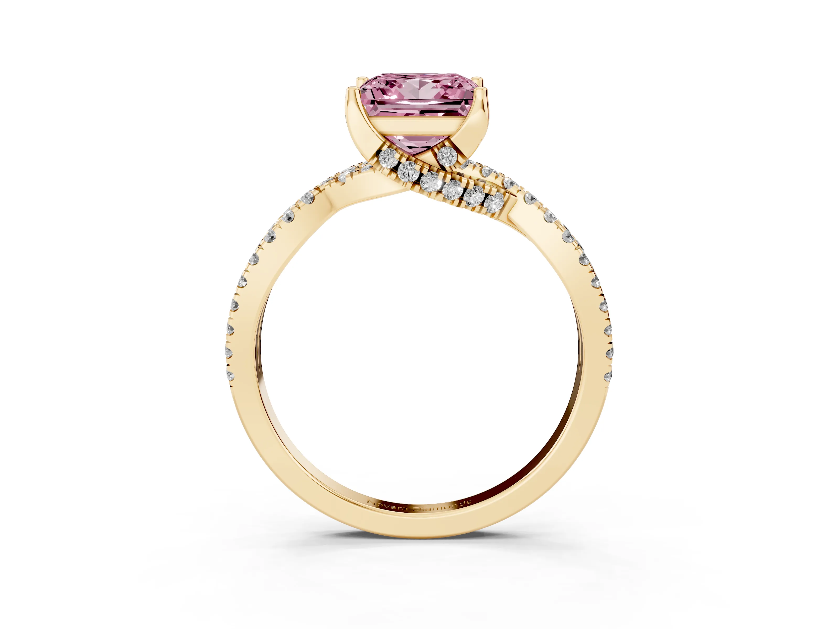 Fancy Pink Princess Cut Diamond Twist Pavé Solitaire Engagement Ring Set in Yellow gold with Prong Setting