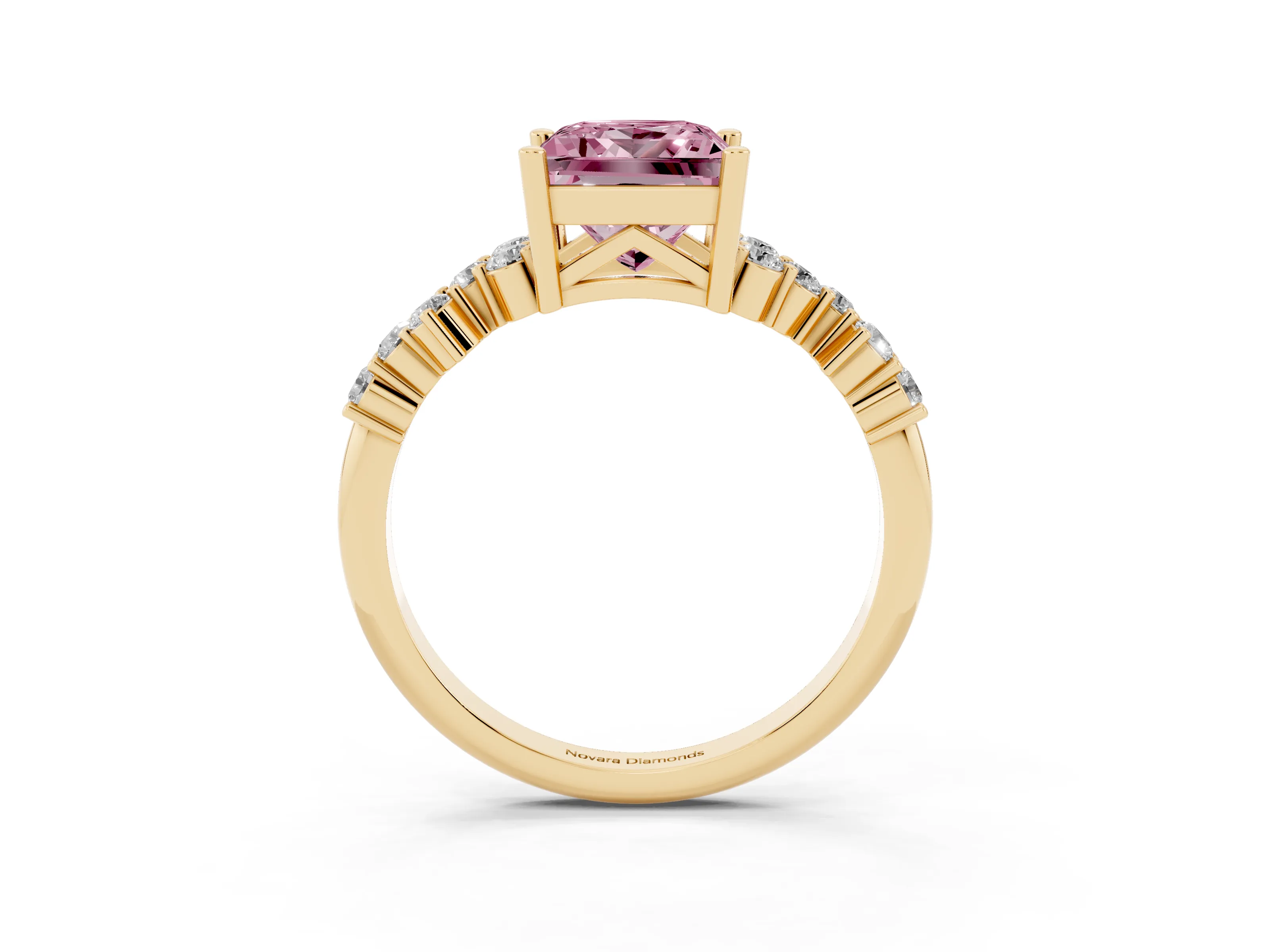 Fancy Pink Princess Cut Diamond Ring Set in Yellow gold with Scattered Round Accents