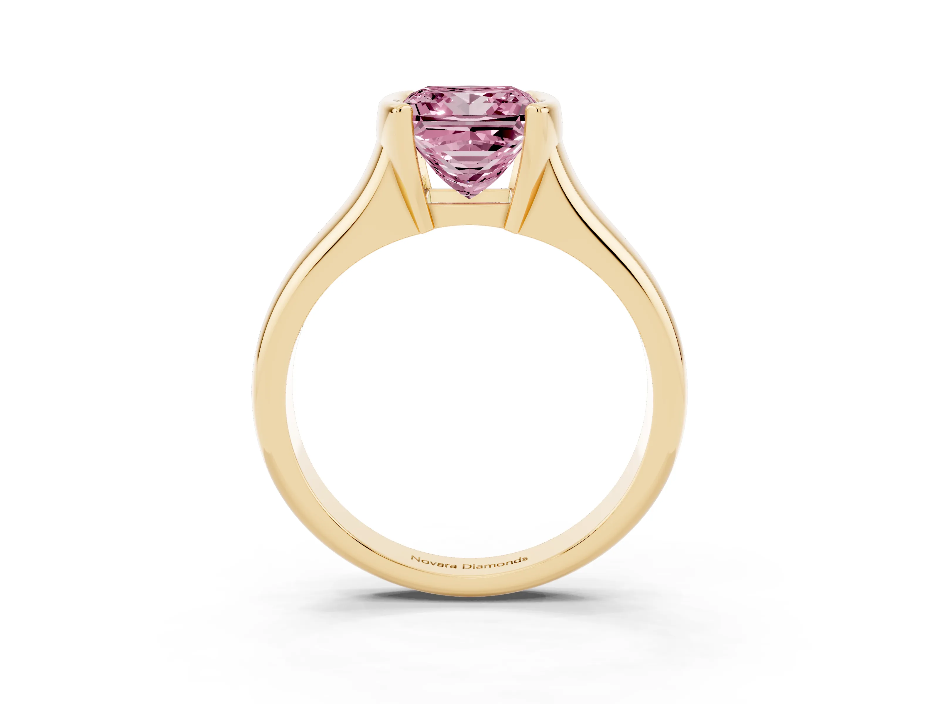 Fancy Pink Princess Cut Diamond Solitaire Tension Set Ring Set in Yellow gold with Split Shank Band