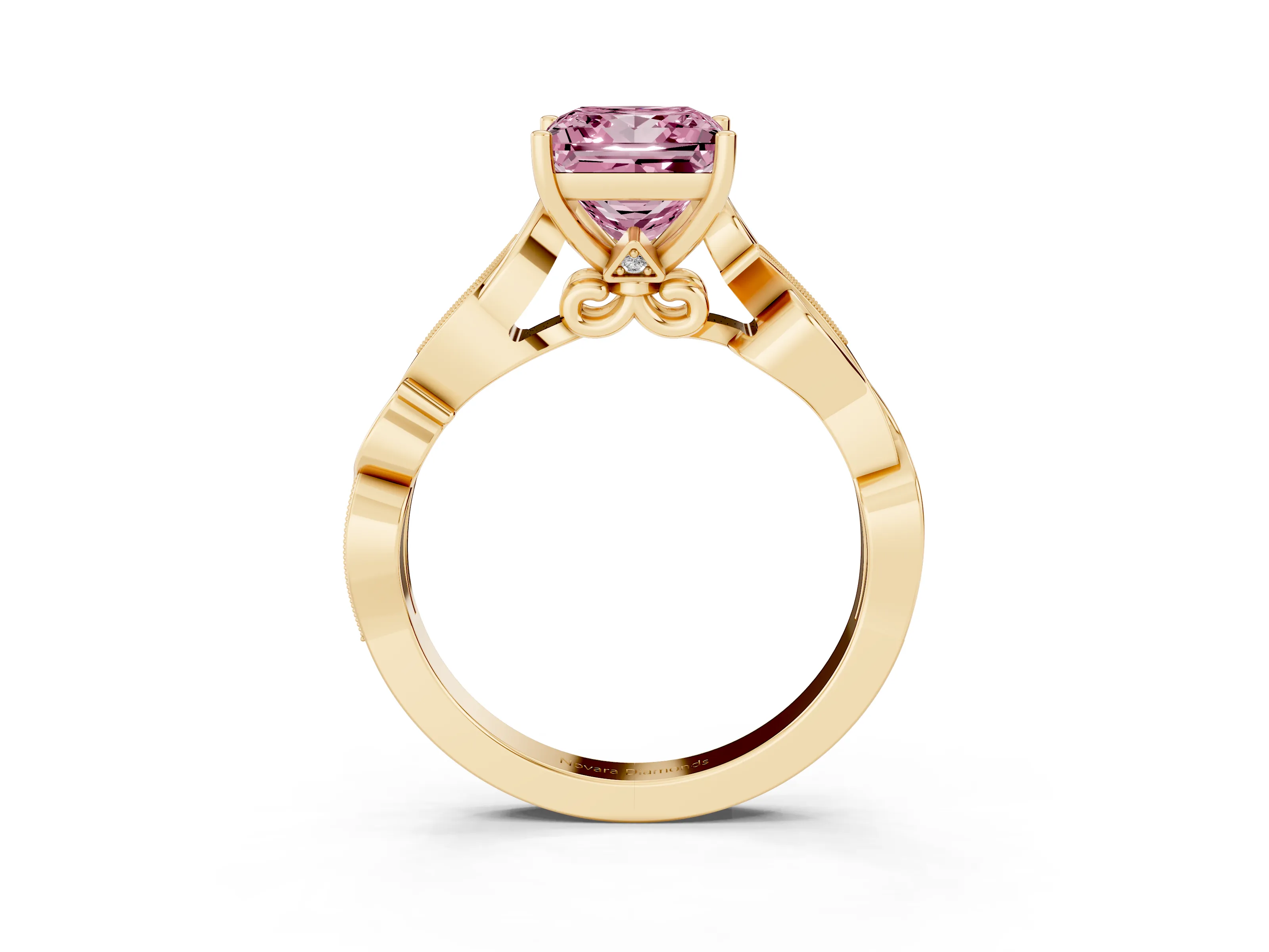 Fancy Pink Princess Cut Diamond Vine Band Solitaire Ring Set in Yellow gold with Milgrain Prong Setting