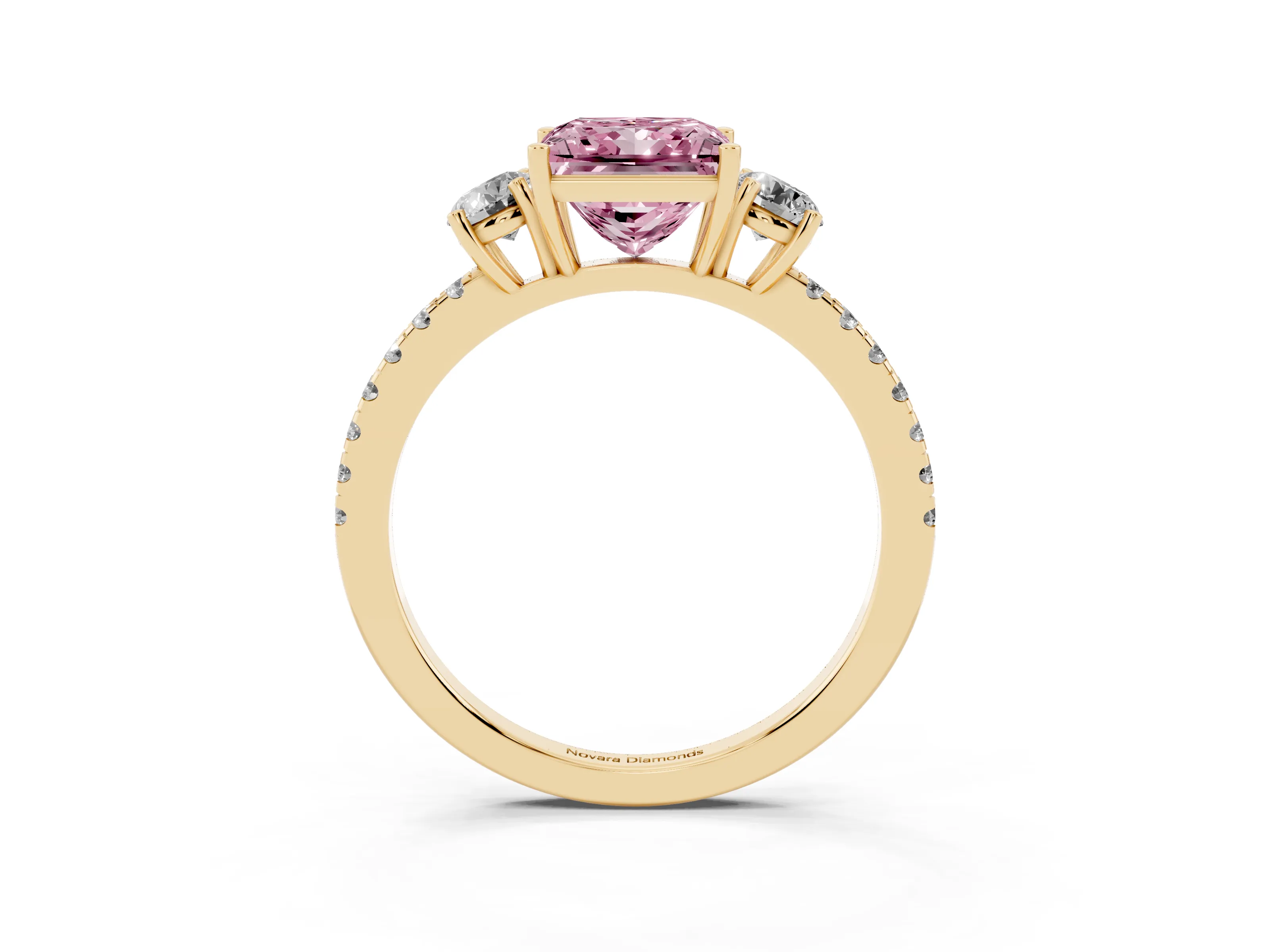 Fancy Pink Princess Cut Diamond Three-Stone Ring Set in Yellow gold with Pavé Band and Graduated Sides