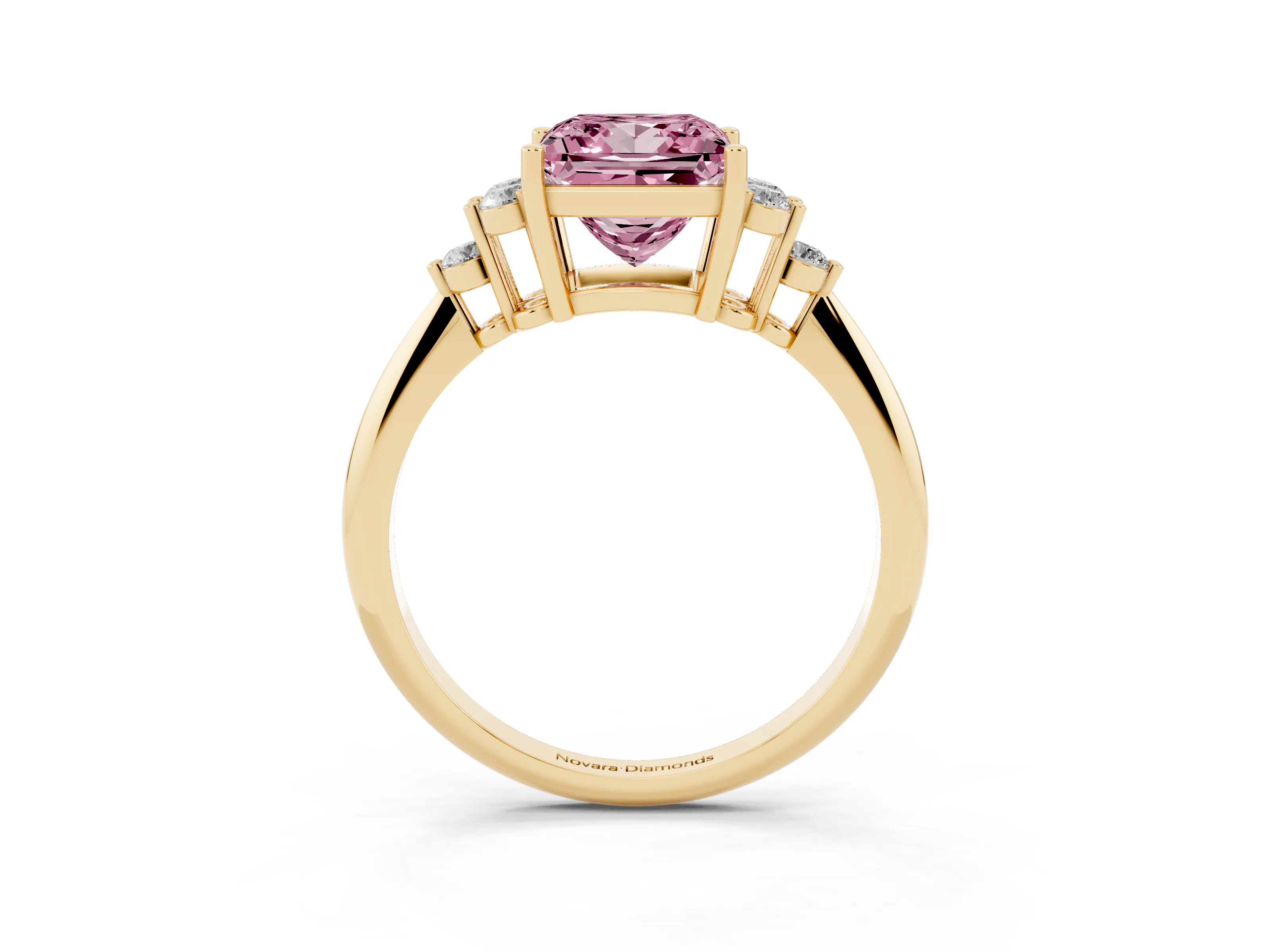 Fancy Pink Princess Cut Diamond Cluster Ring Set in Yellow gold with Plain Band and Prong Setting