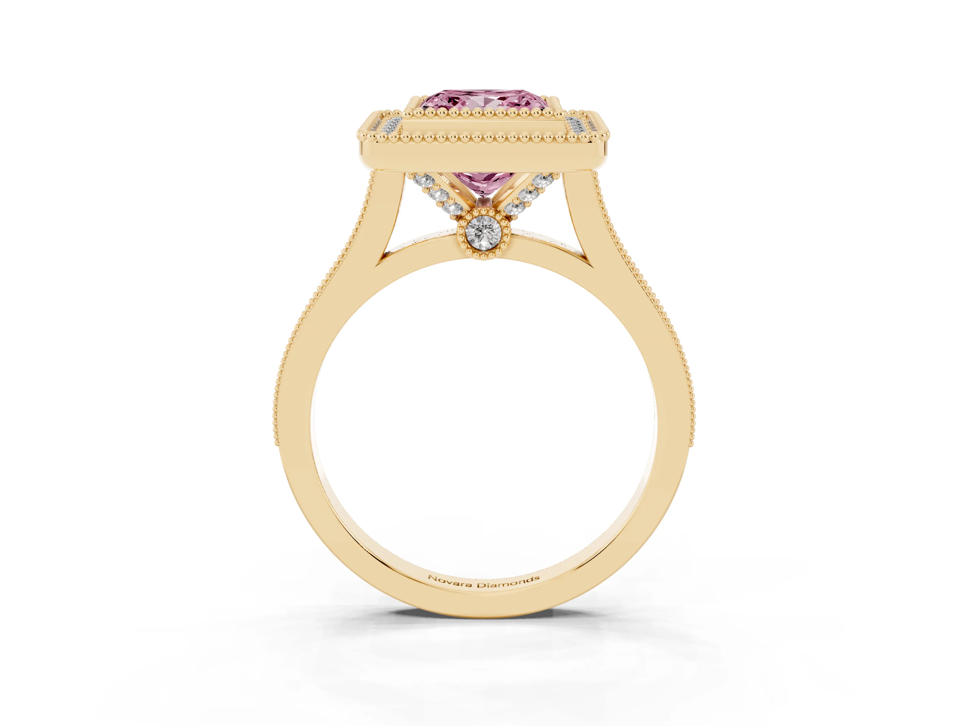 Fancy Pink Princess Cut Diamond Halo Ring Set in Yellow gold with Milgrain Frame and Pavé Band