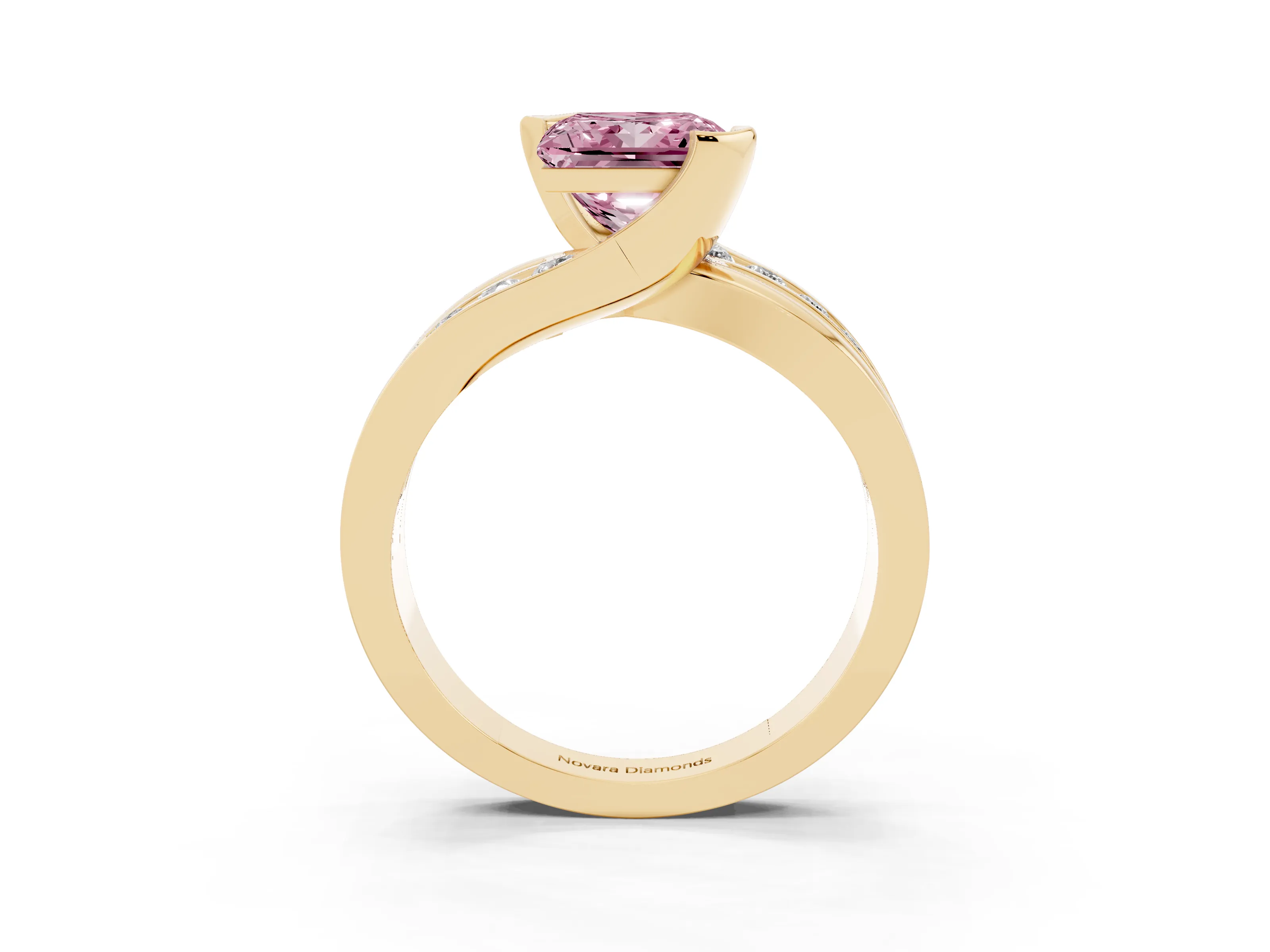 Fancy Pink Princess Cut Diamond Solitaire Ring Set in Yellow gold with Channel Set Split Shank and Tension Prongs