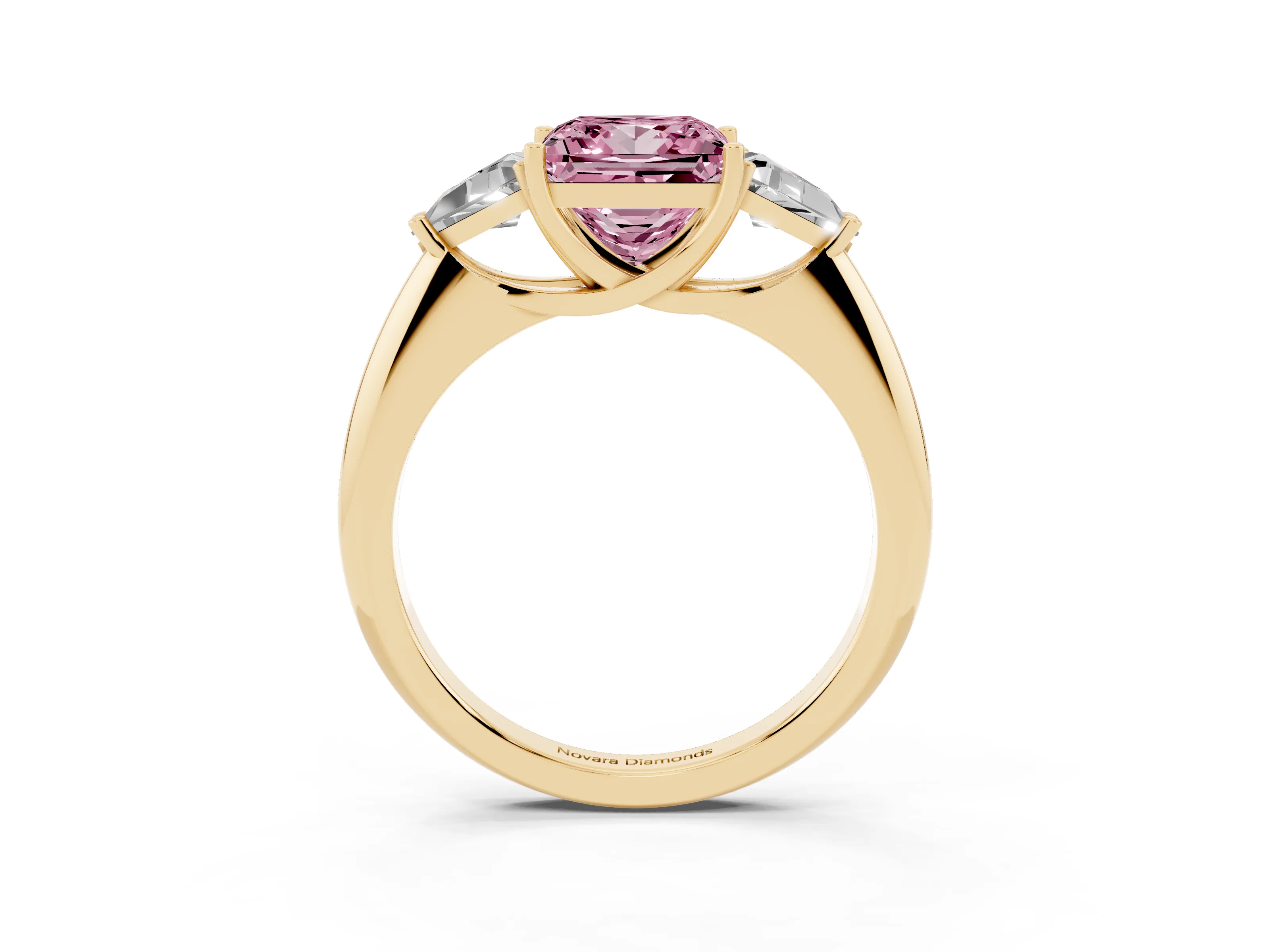 Fancy Pink Princess Cut Diamond Three-Stone Engagement Ring Set in Yellow gold with Trillion Side Stones