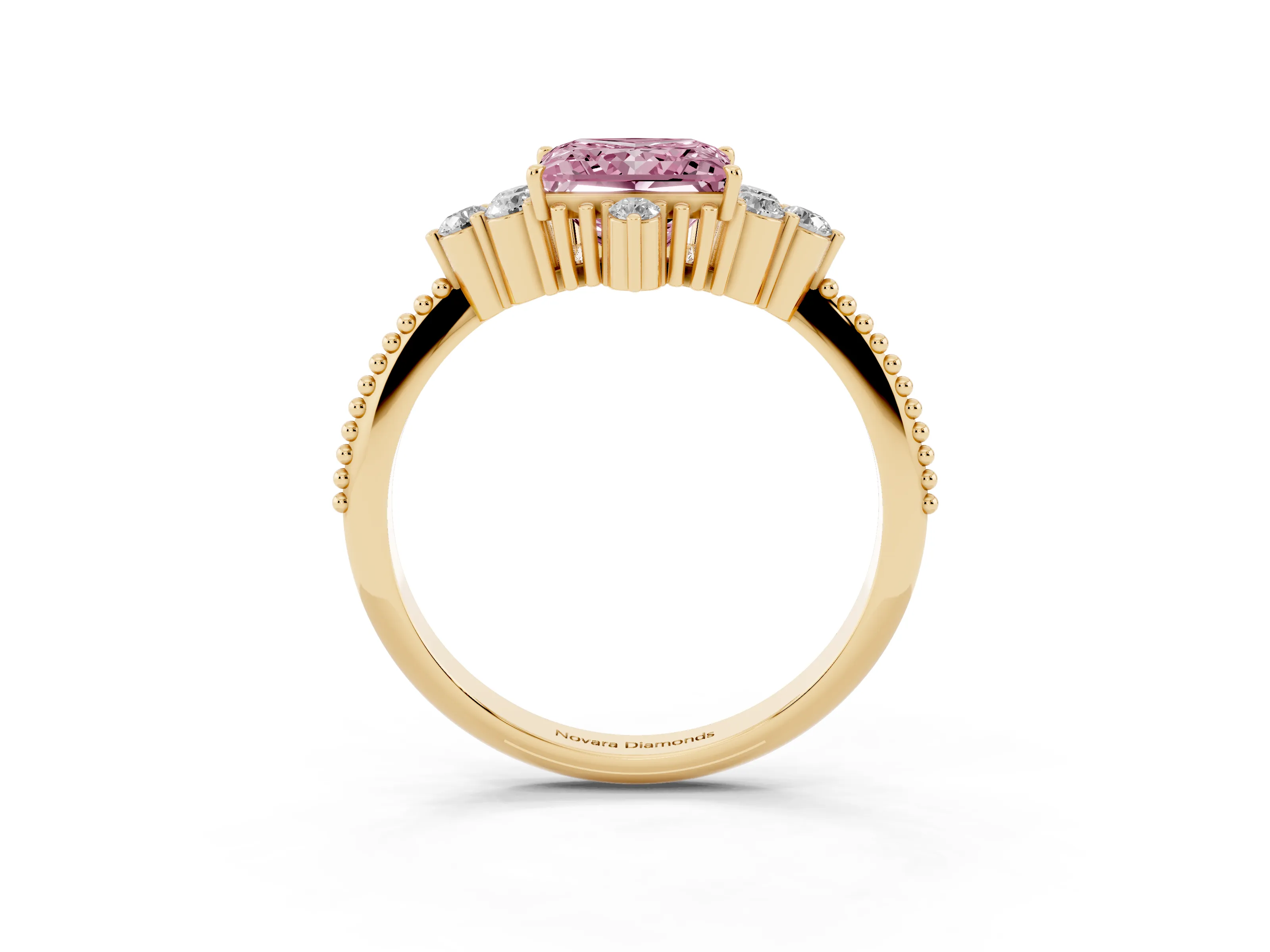 Fancy Pink Princess Cut Diamond Cluster Ring Set in Yellow gold with Beaded Band