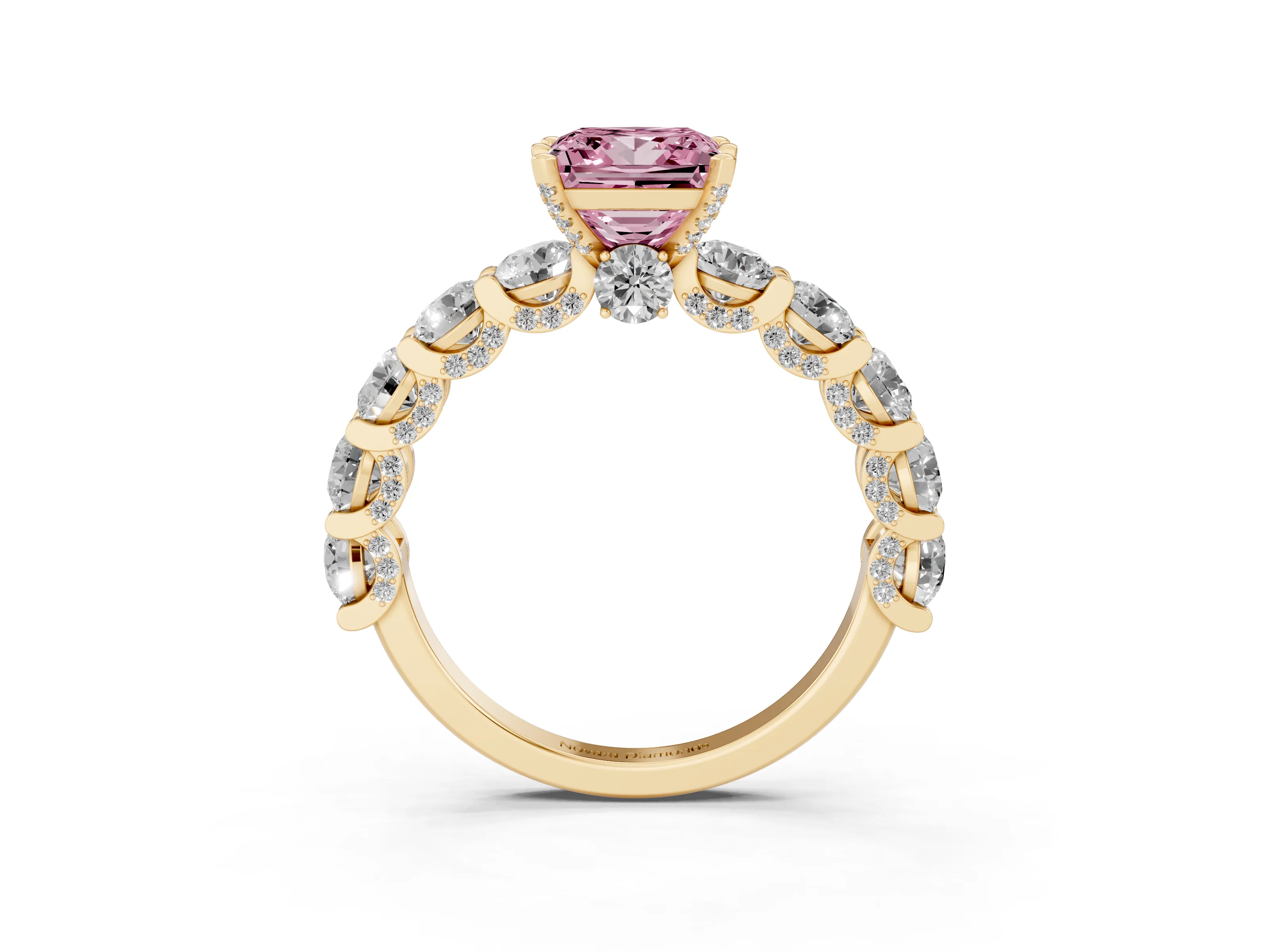Fancy Pink Princess Cut Diamond Side Stone Ring Set in Yellow gold with Alternating Round and Oval Side Stones