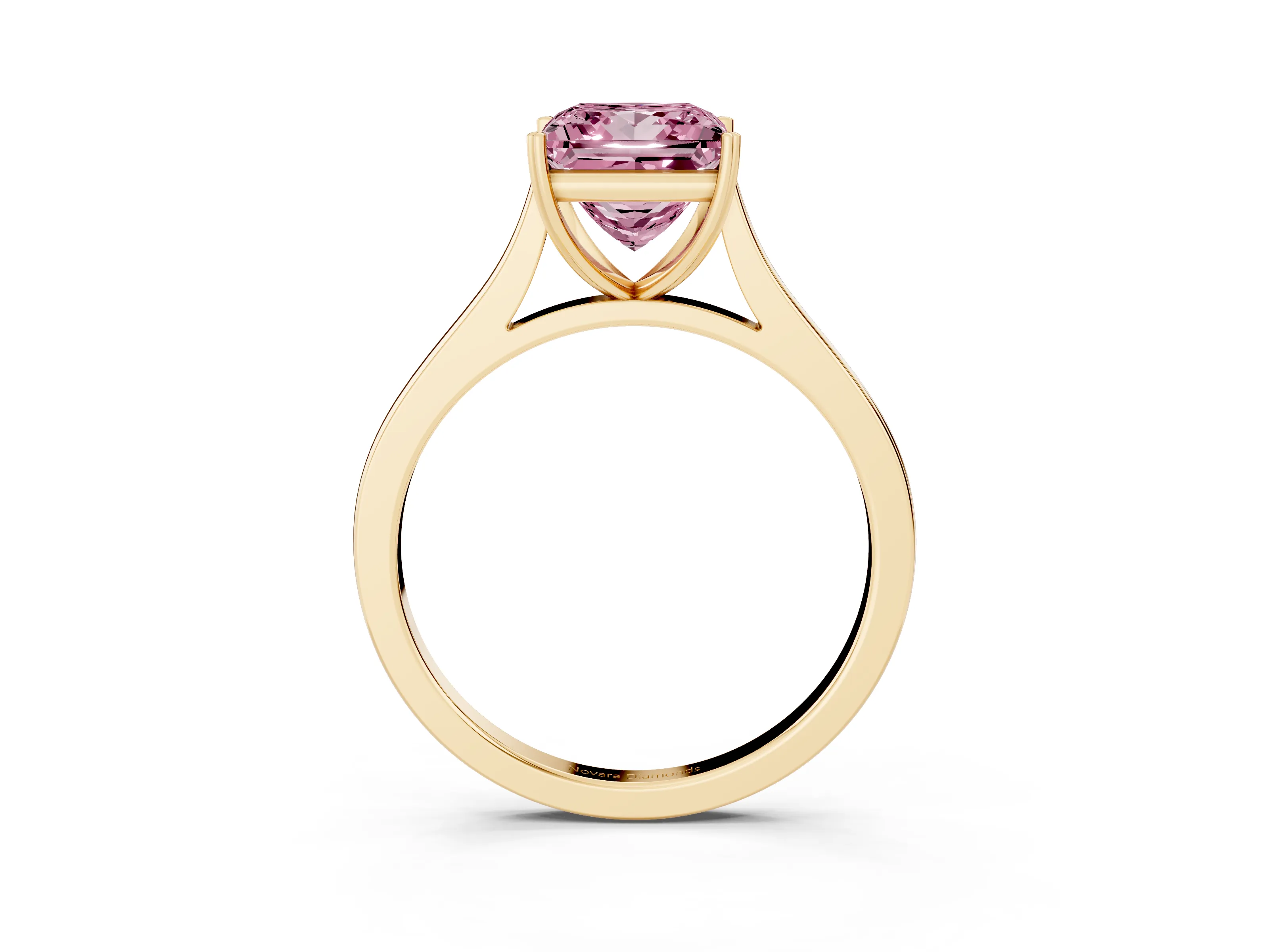 Fancy Pink Princess Cut Diamond Solitaire Heart Prong Engagement Ring Set in Yellow gold with Tapered Band