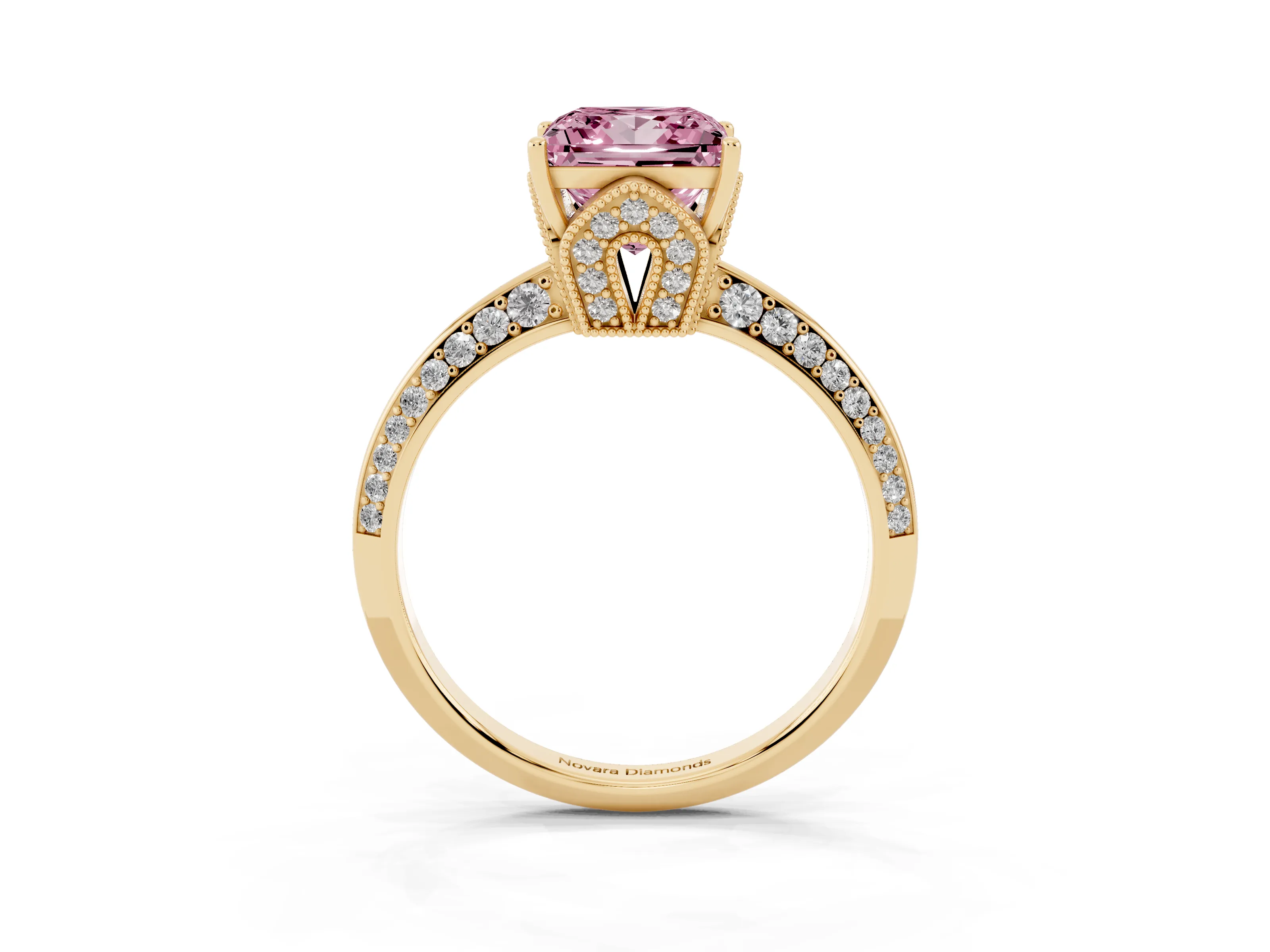 Fancy Pink Princess Cut Diamond Solitaire Engagement Ring Set in Yellow gold with Pavé Split Shank and Prong Setting