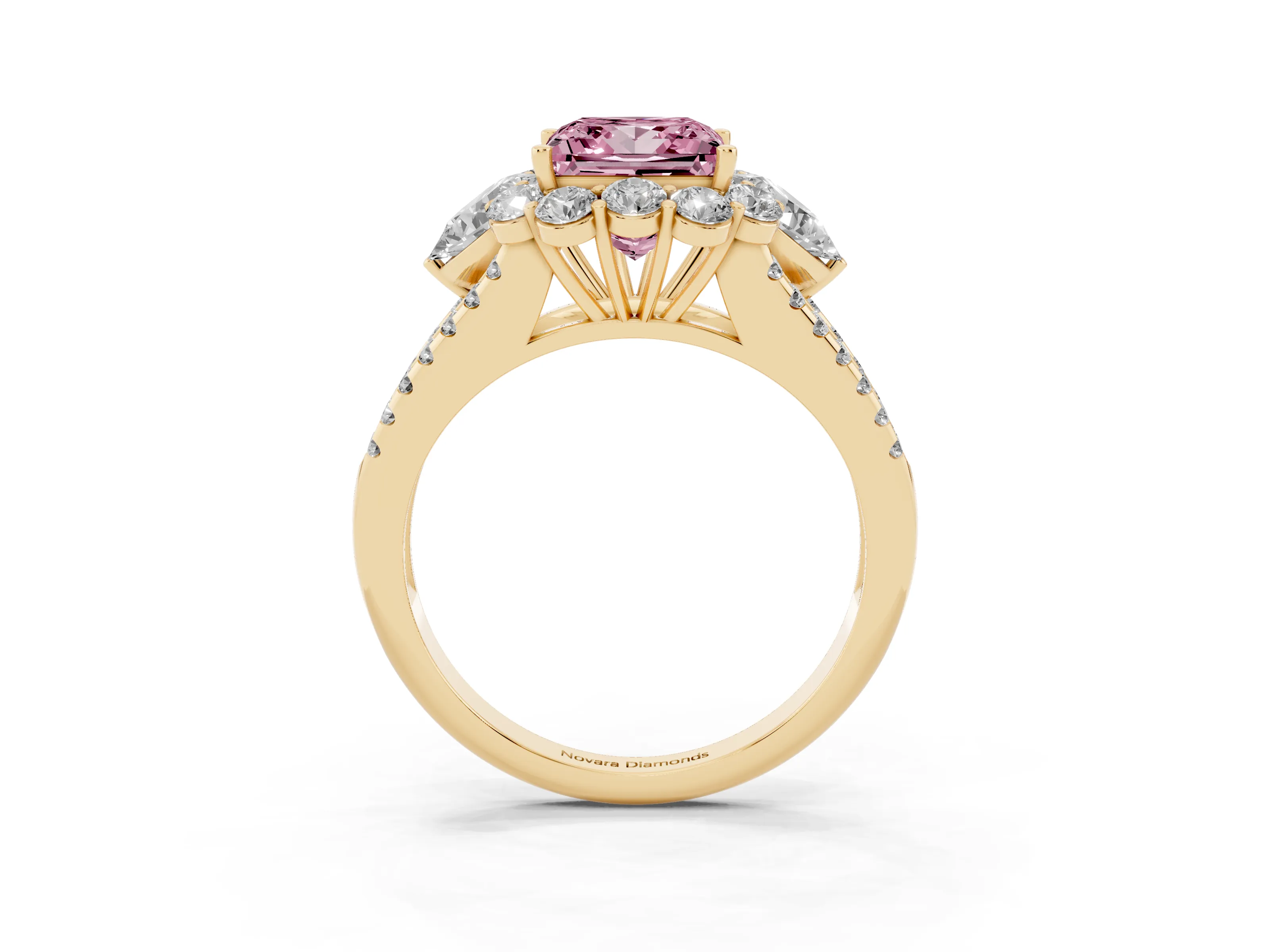 Fancy Pink Princess Cut Diamond Halo Split Shank Engagement Ring Set in Yellow gold with Prong-Held Center Stone