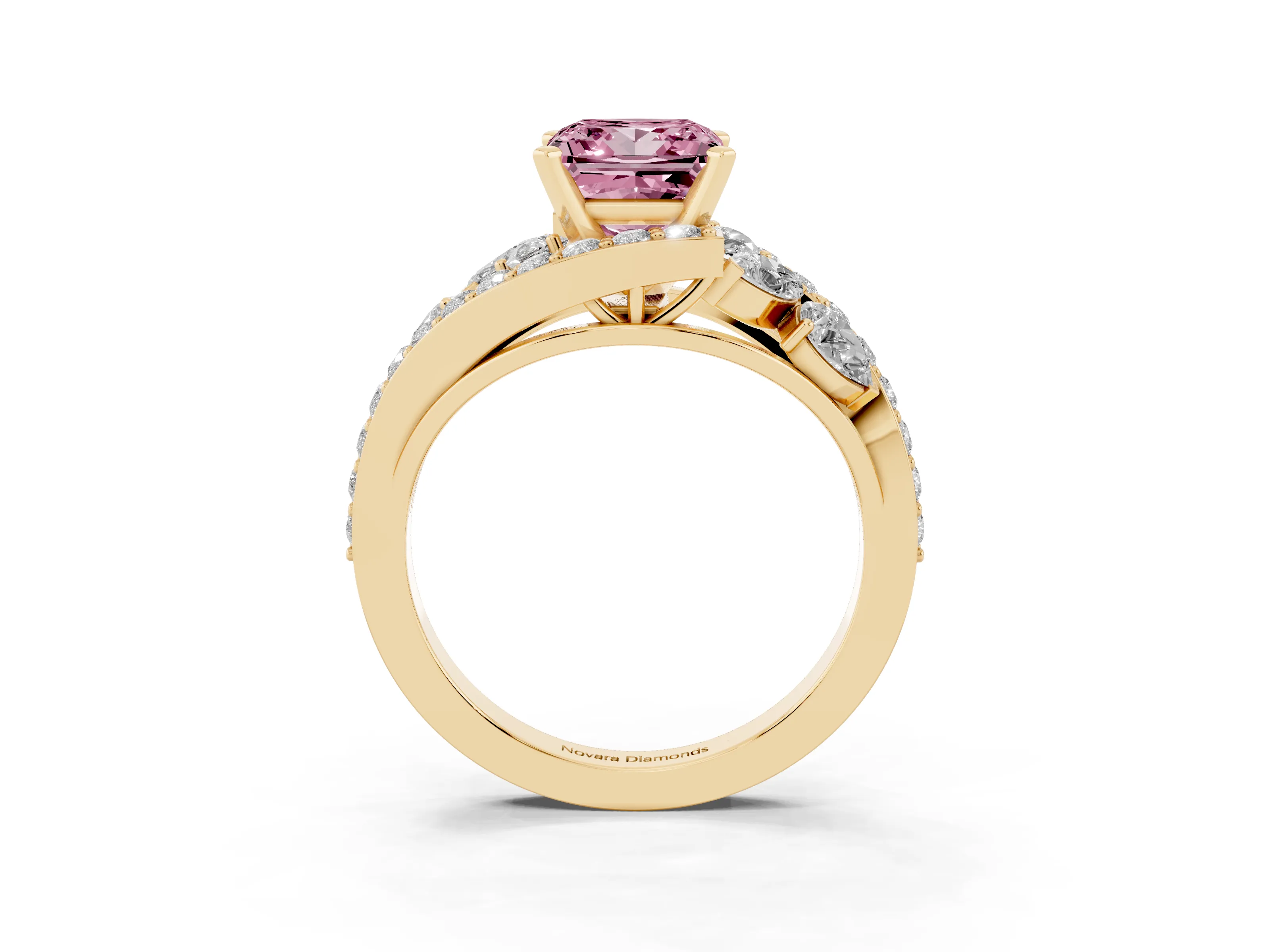 Fancy Pink Princess Cut Diamond Halo Ring Set in Yellow gold with Marquise and Pavé Band in Prong Setting